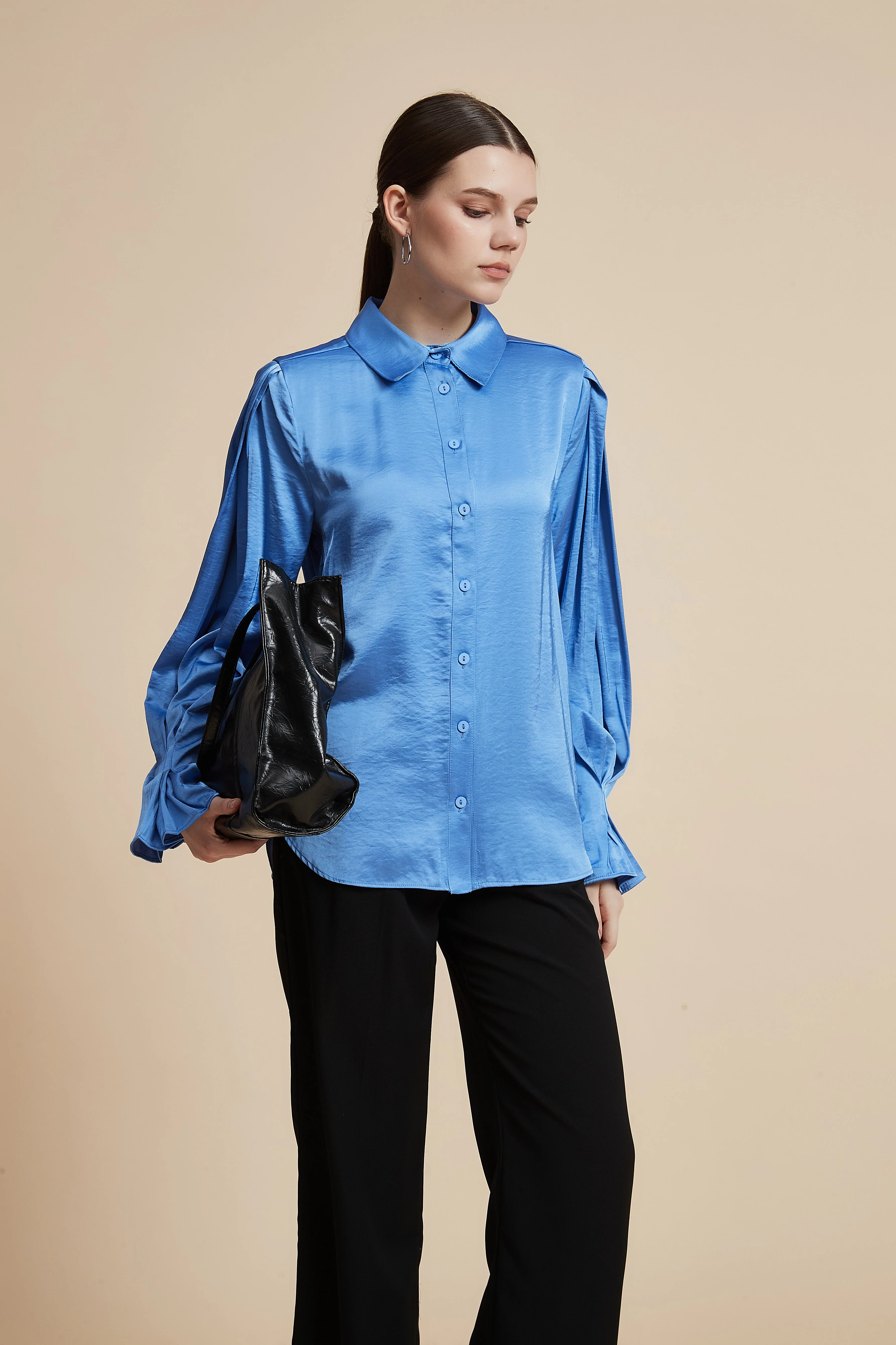 Plain Long-Sleeved Shirt-Style Blouse - Image 12