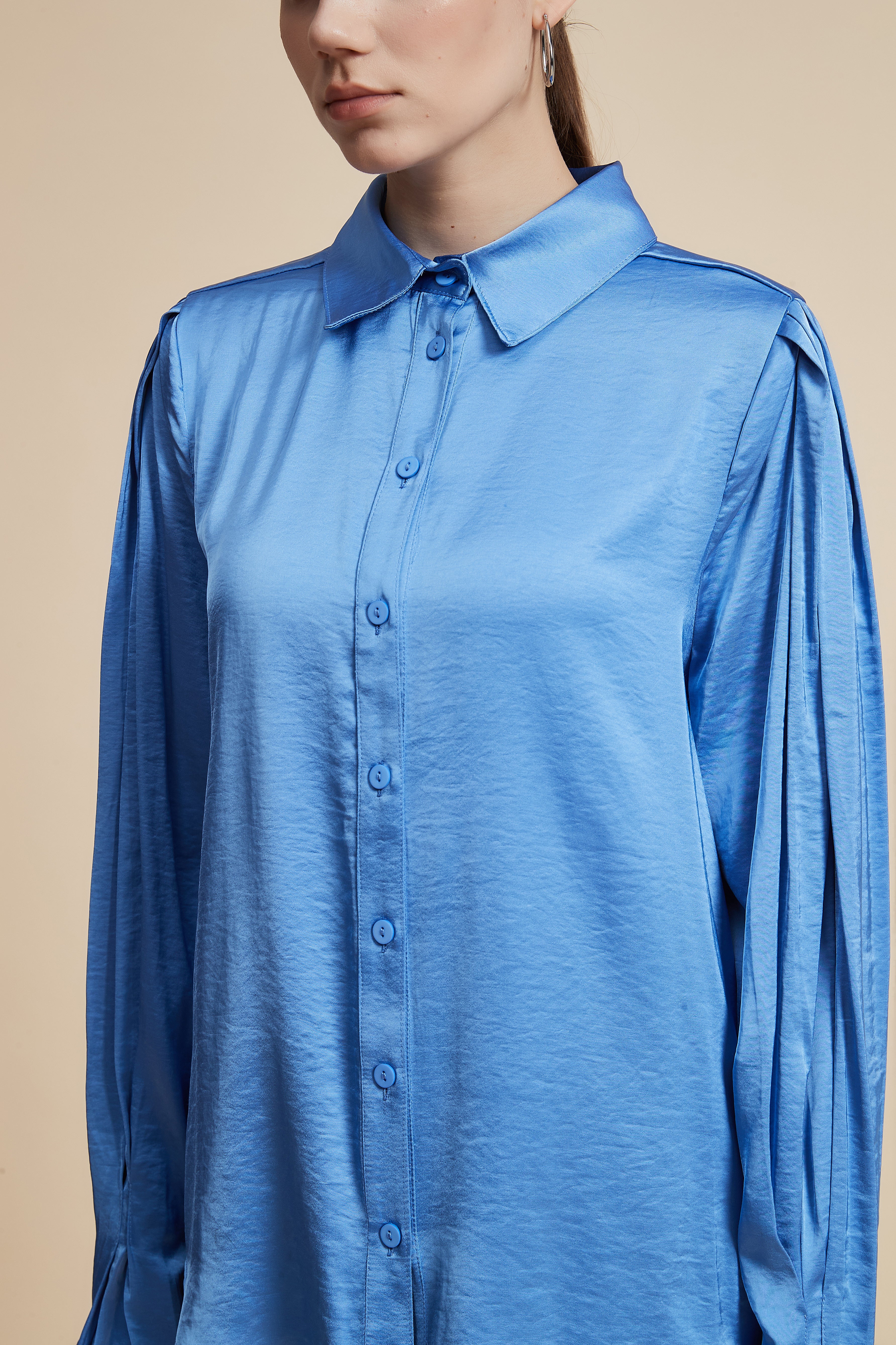 Plain Long-Sleeved Shirt-Style Blouse - Image 13