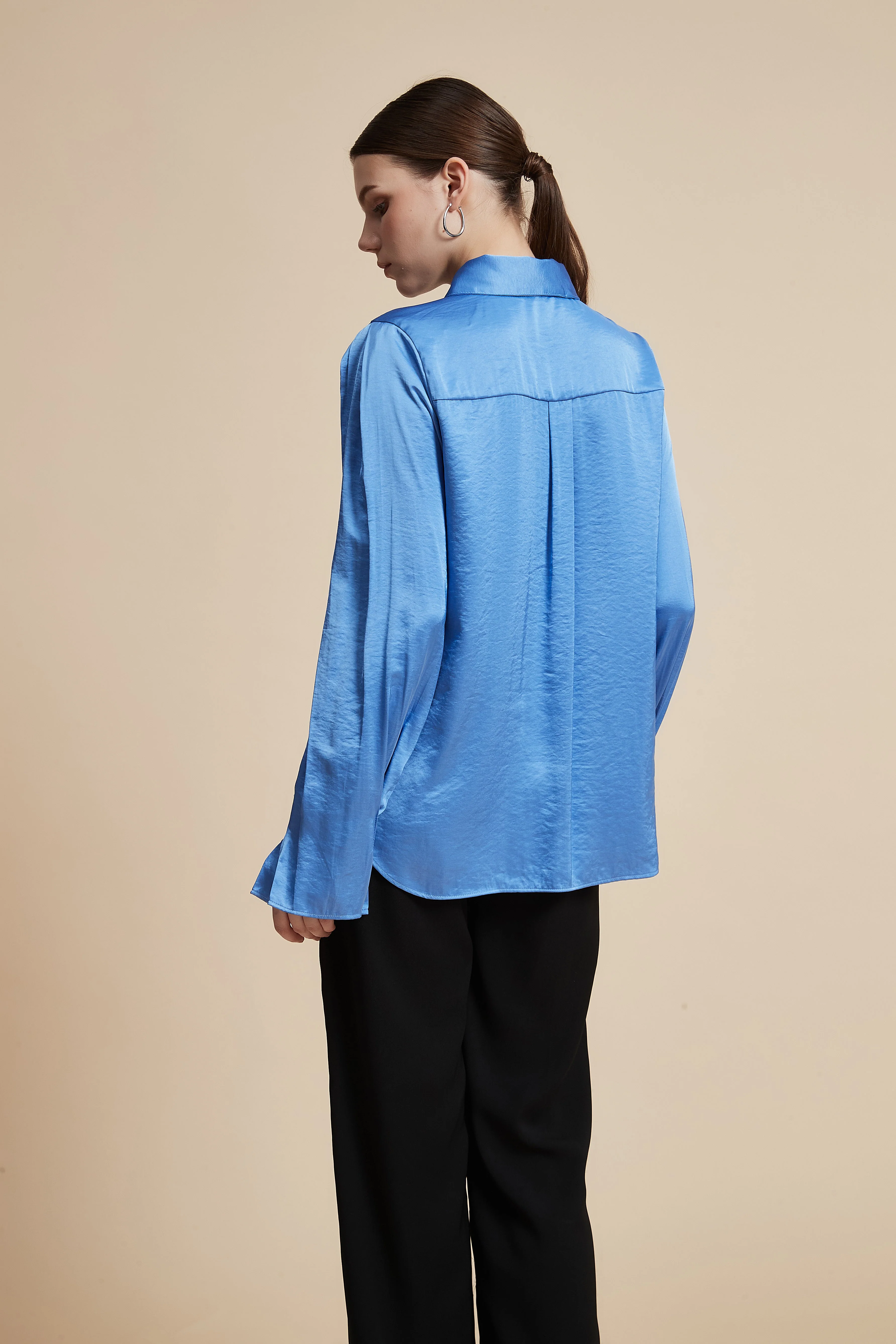 Plain Long-Sleeved Shirt-Style Blouse - Image 14