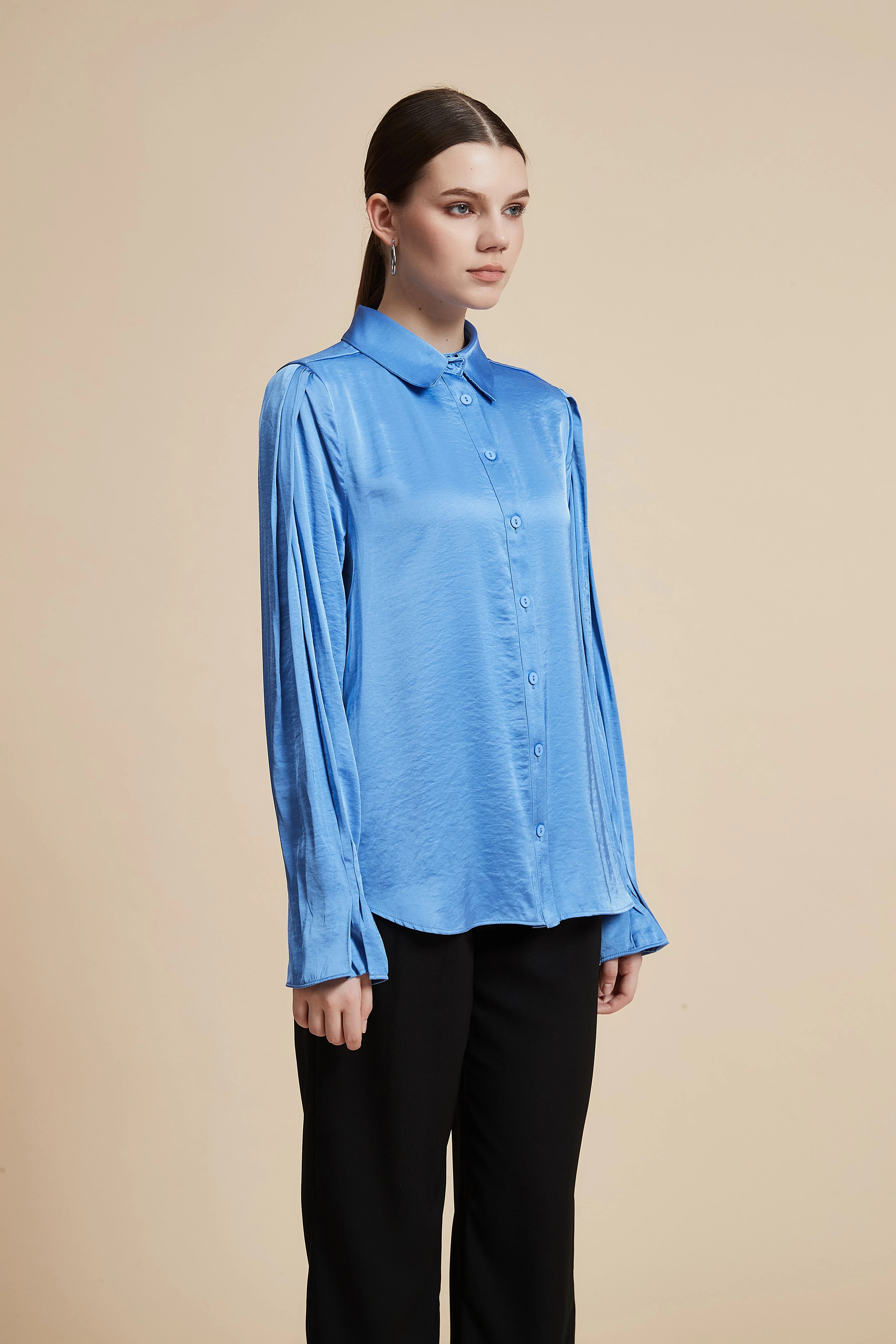 Plain Long-Sleeved Shirt-Style Blouse - Image 15