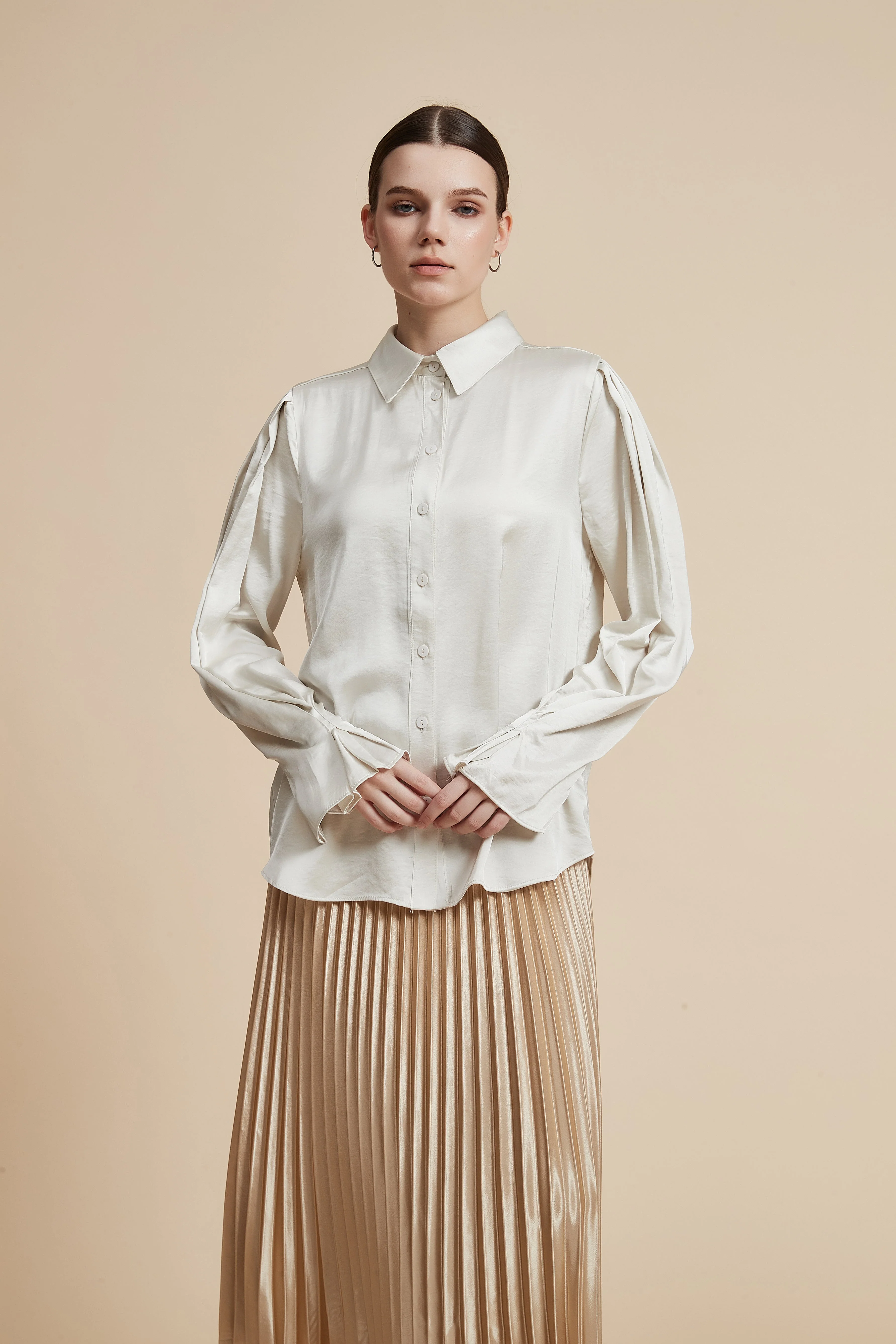 Plain Long-Sleeved Shirt-Style Blouse - Image 3