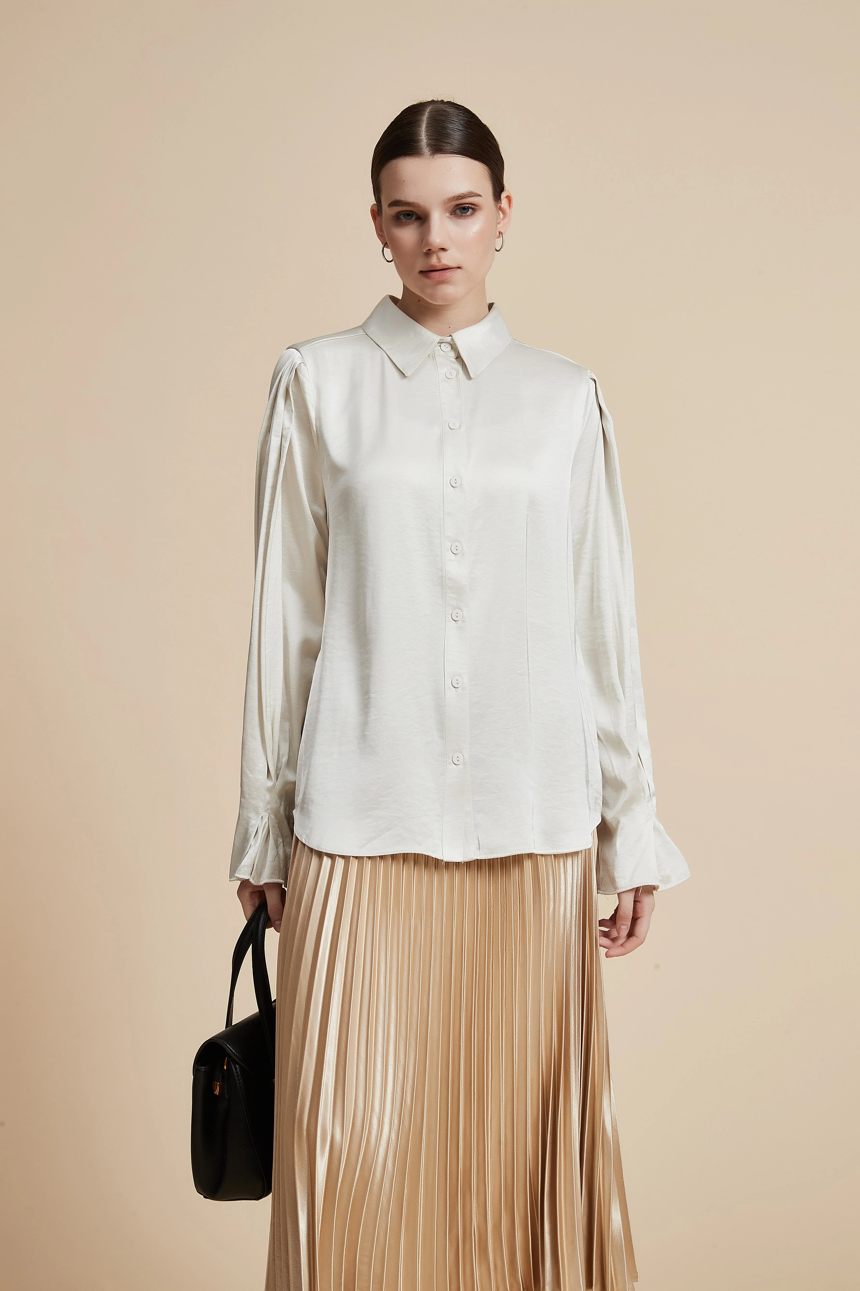 Plain Long-Sleeved Shirt-Style Blouse - Image 5