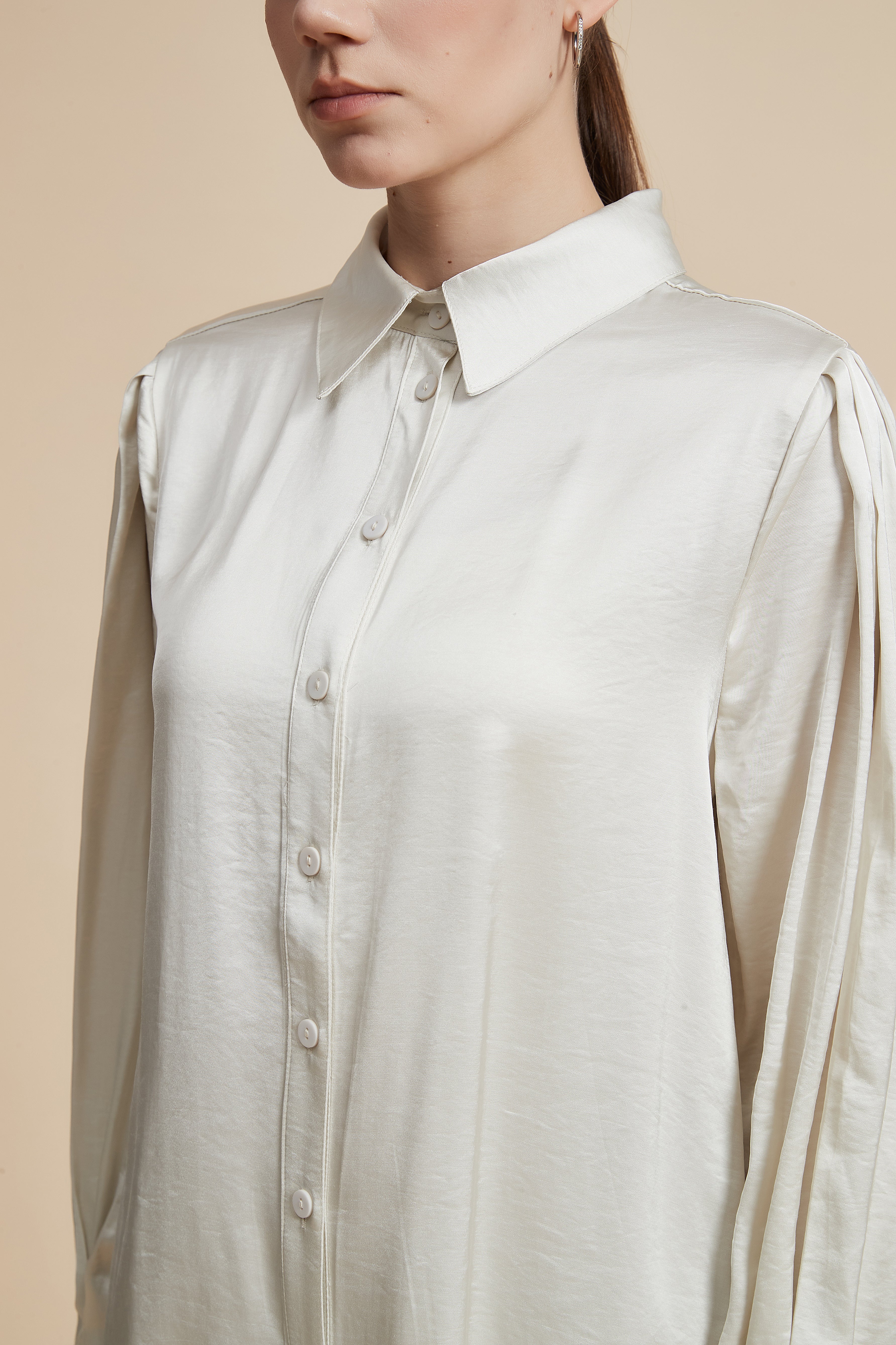 Plain Long-Sleeved Shirt-Style Blouse - Image 6