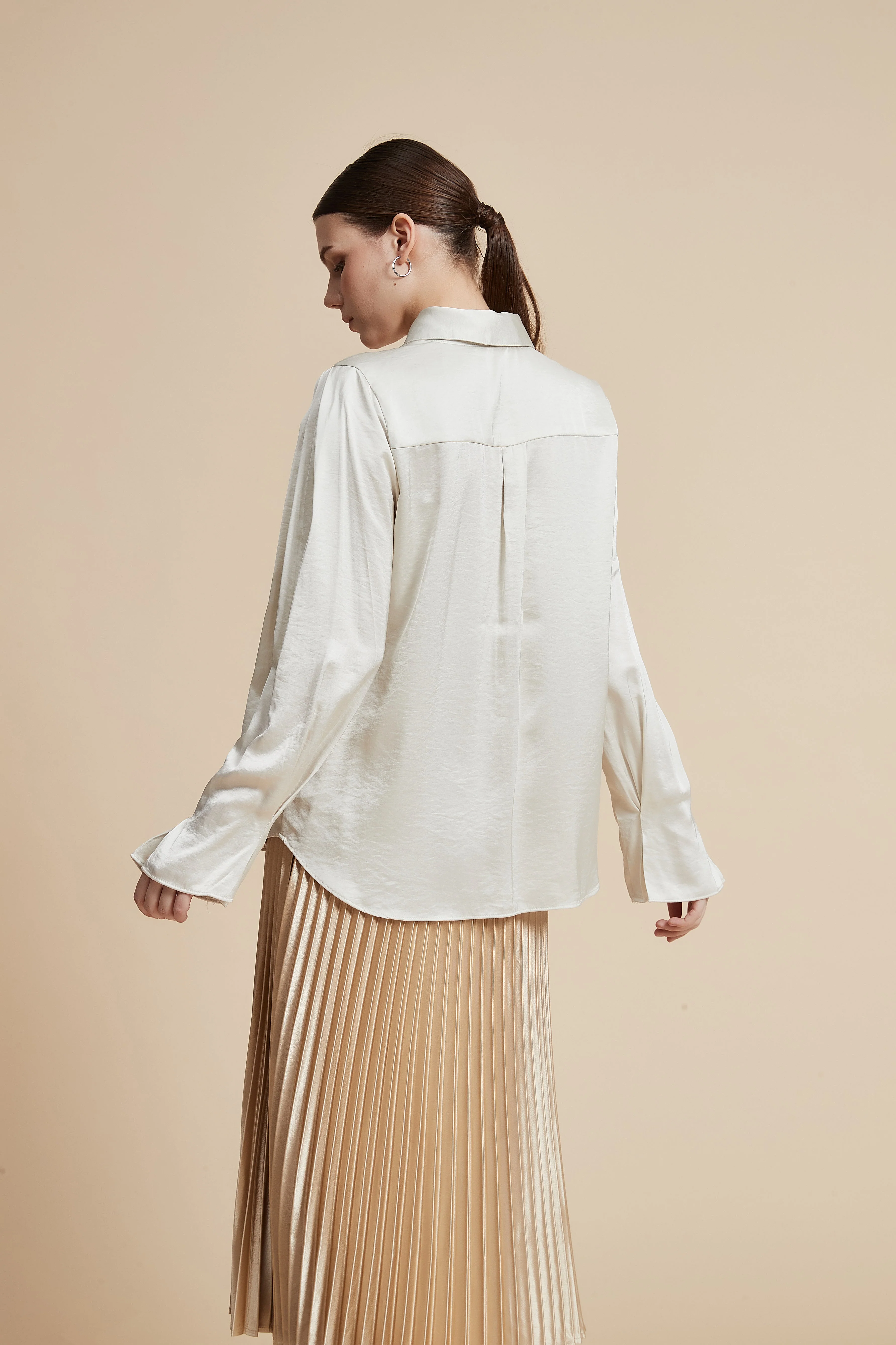 Plain Long-Sleeved Shirt-Style Blouse - Image 7