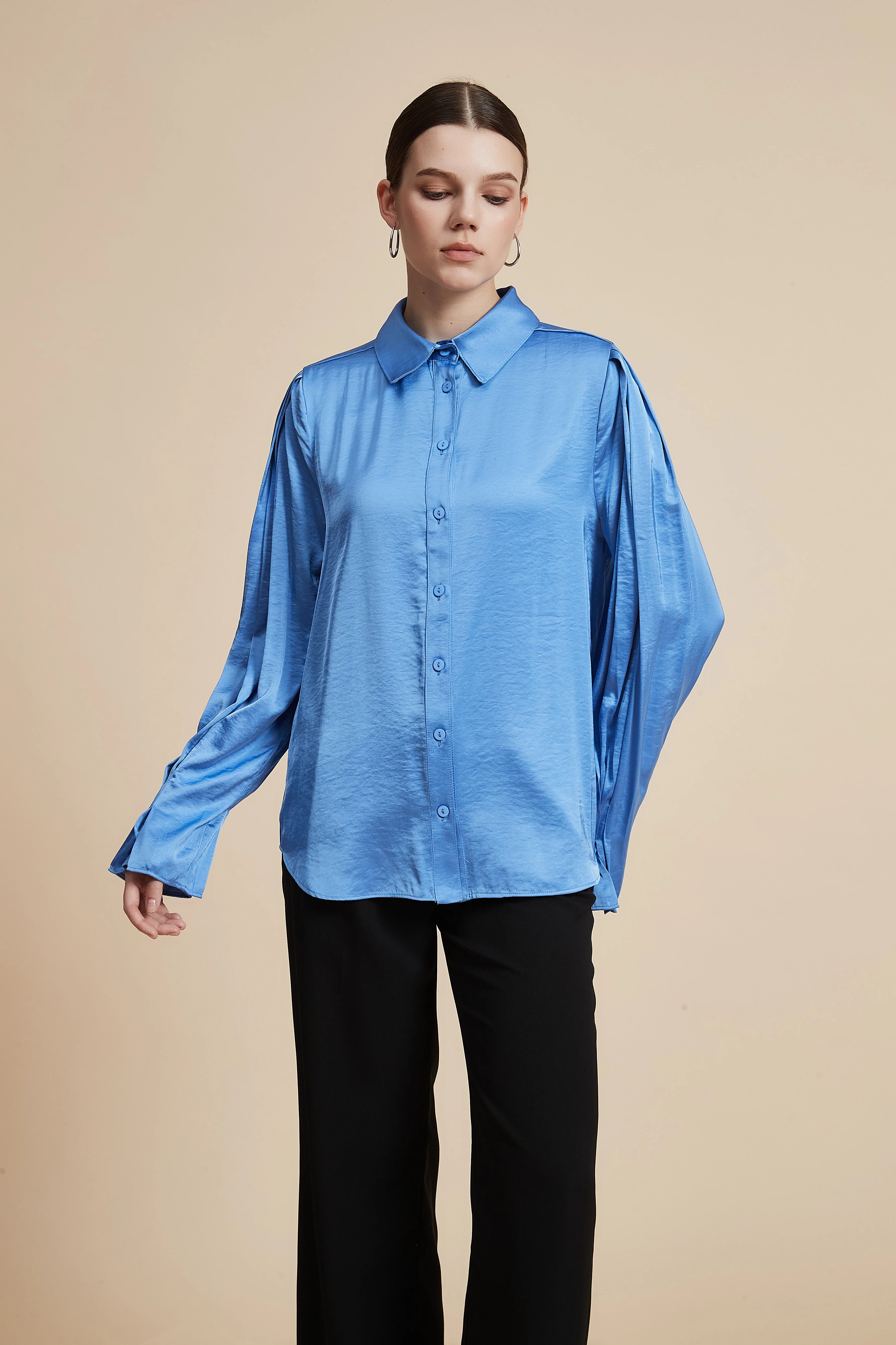 Plain Long-Sleeved Shirt-Style Blouse - Image 8