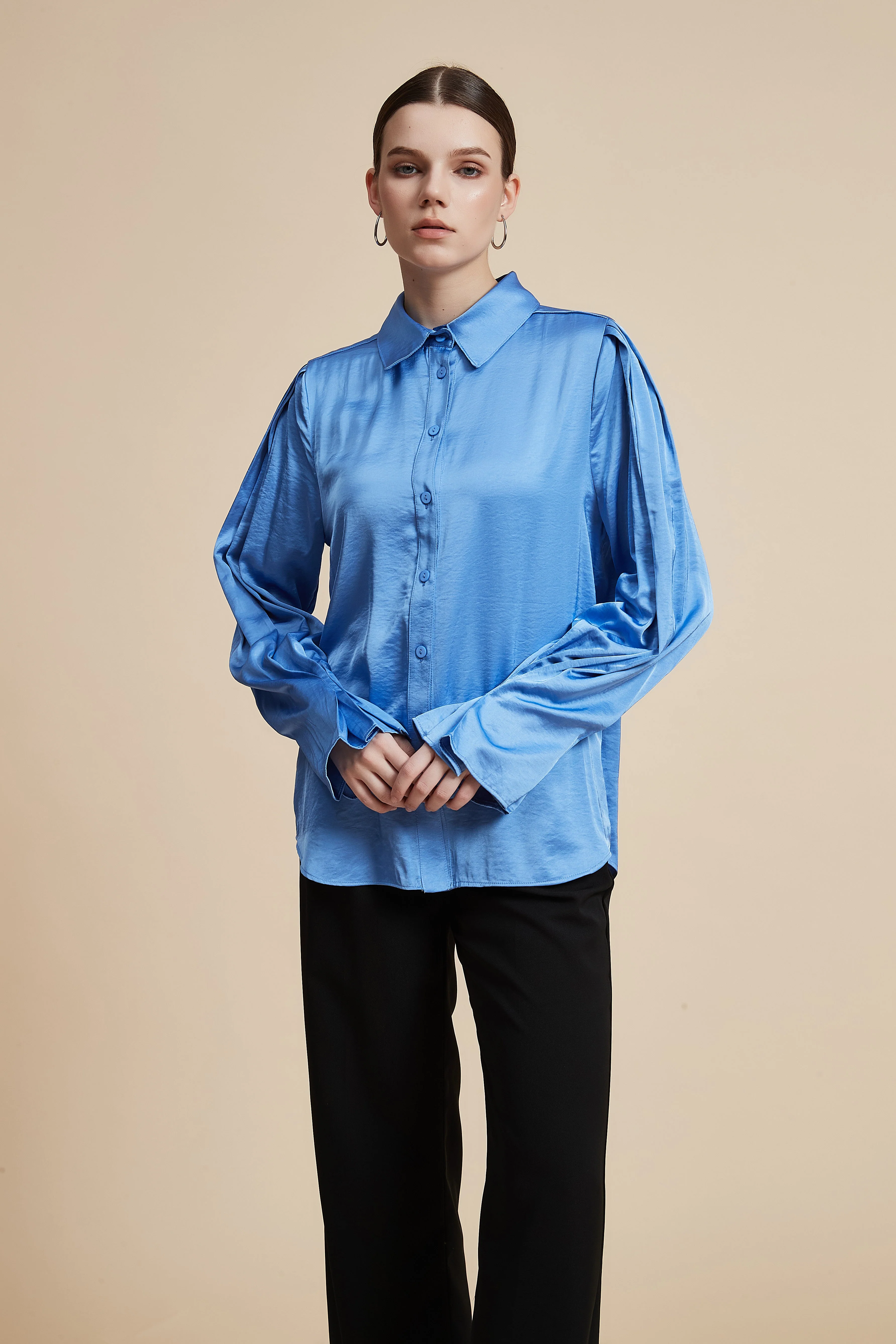 Plain Long-Sleeved Shirt-Style Blouse - Image 9