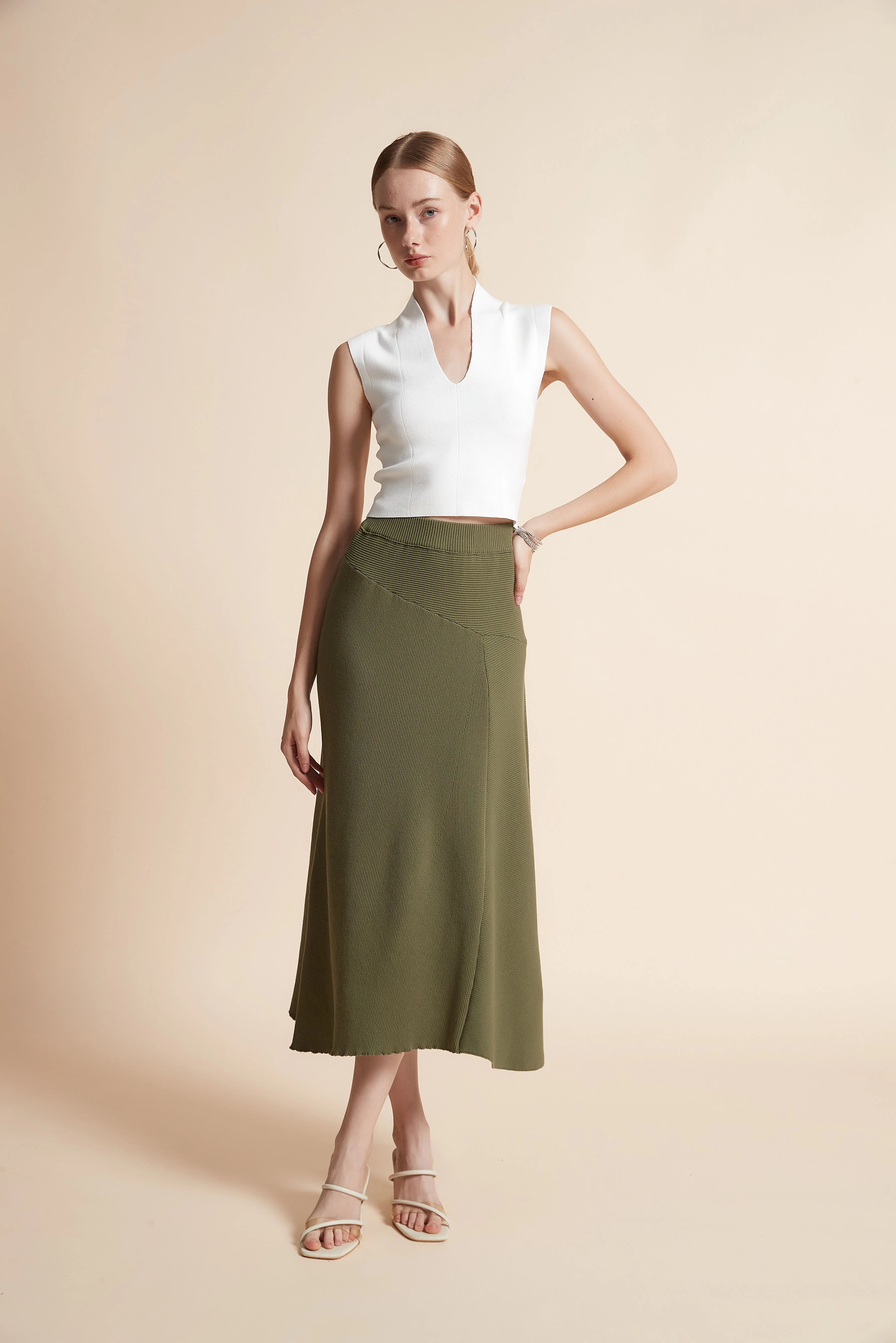 Solid Woven Midi Skirt