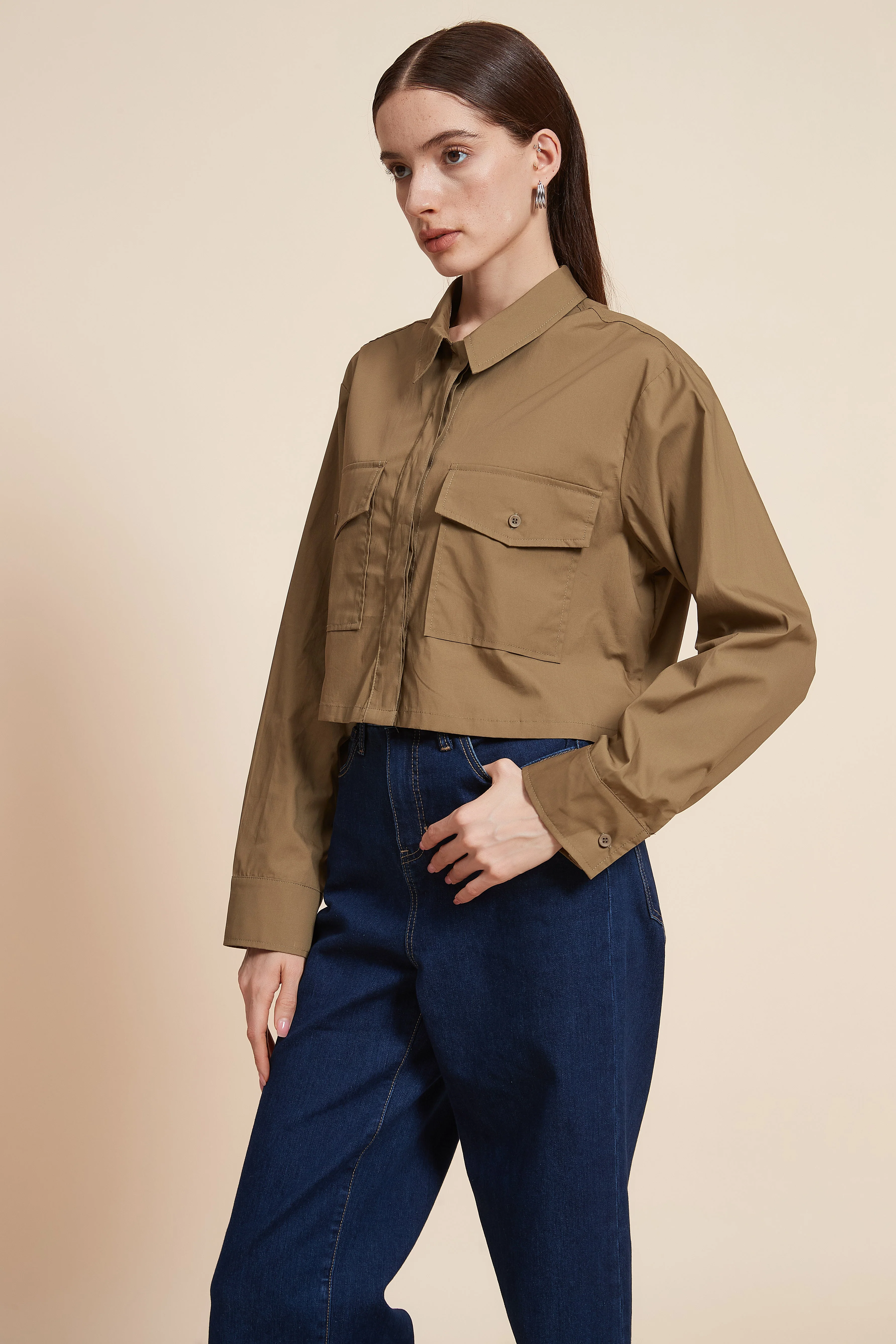 Plain Short Sleeve Blouse with Pockets - Image 3