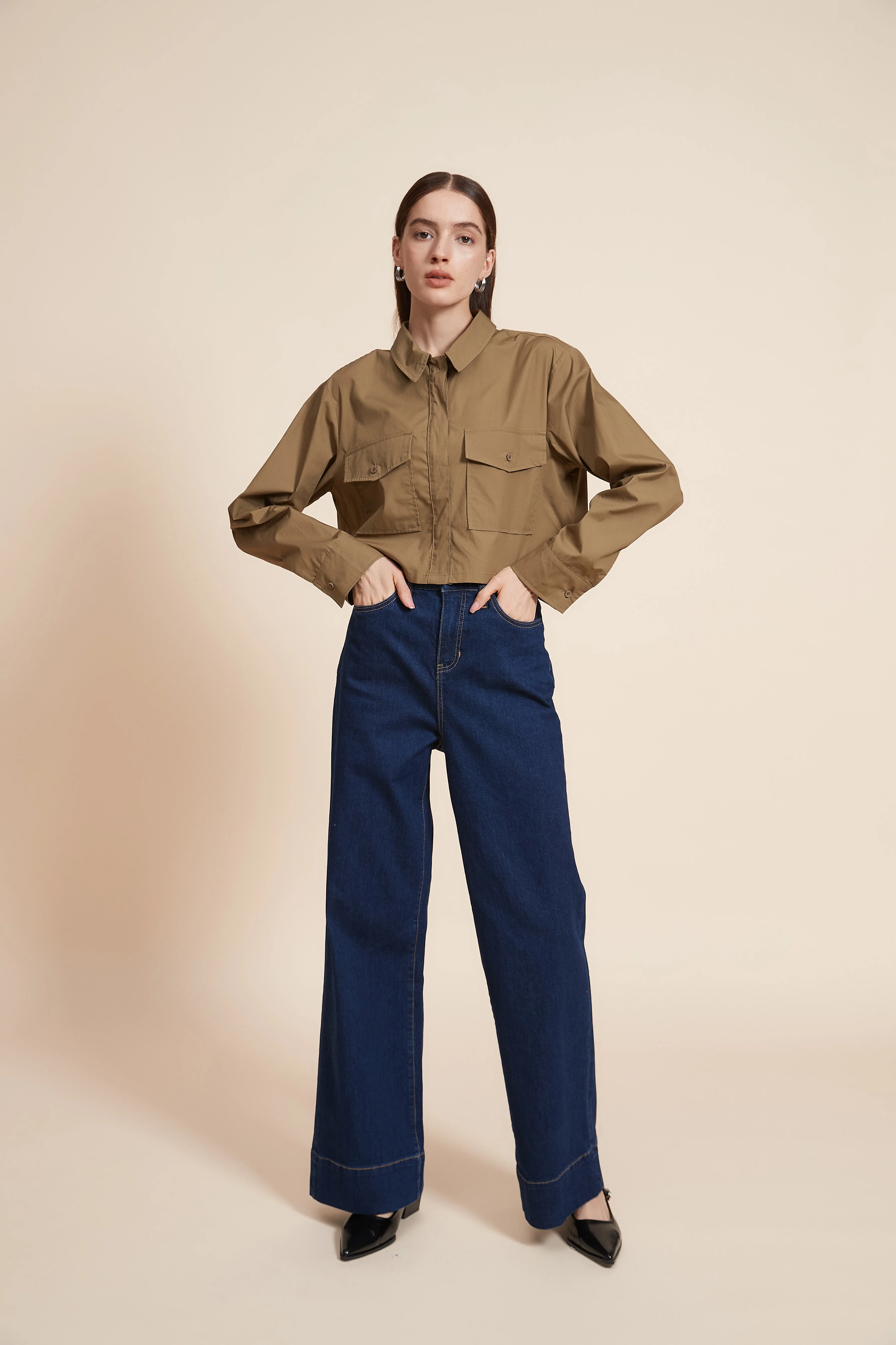 Plain Short Sleeve Blouse with Pockets - Image 4