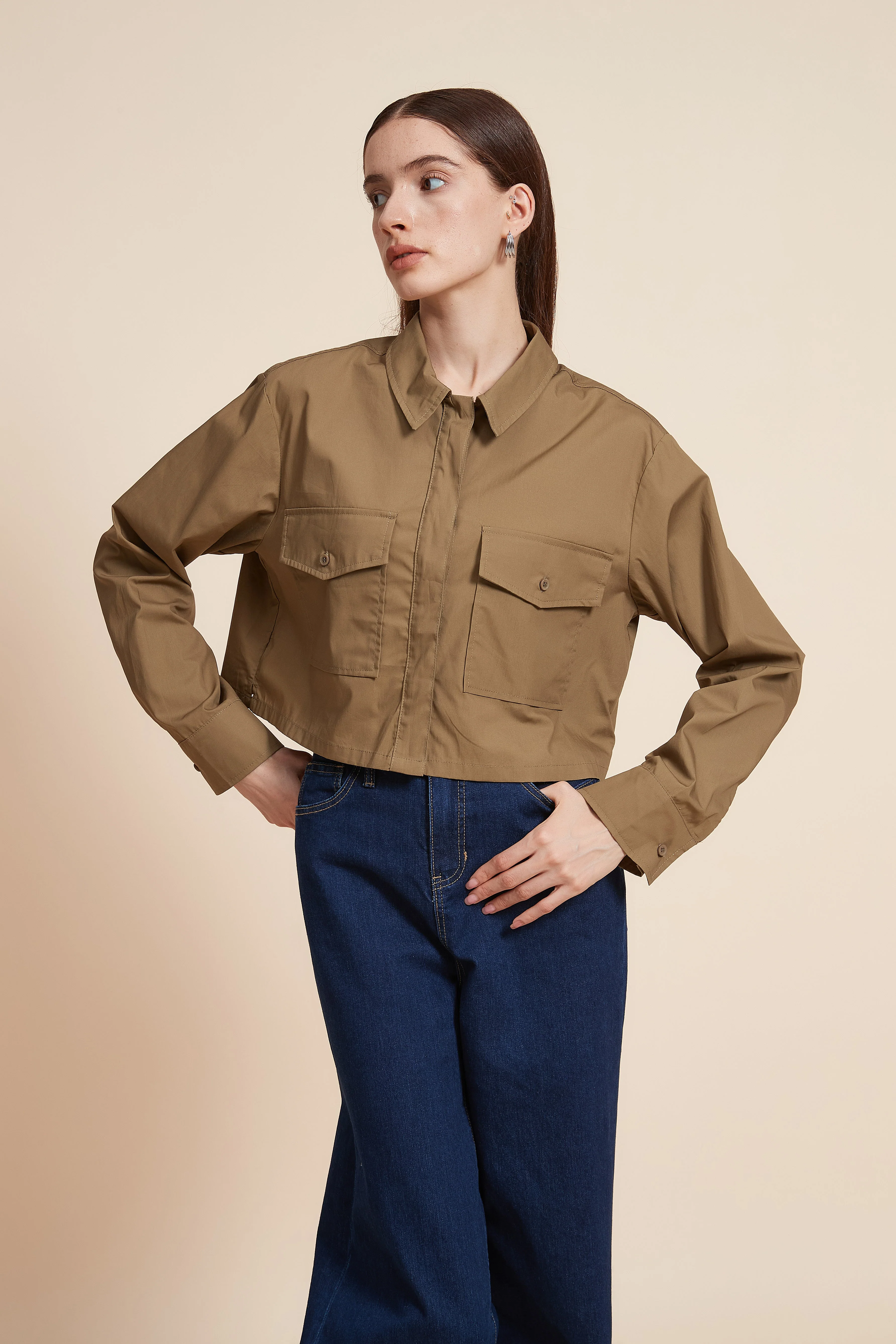 Plain Short Sleeve Blouse with Pockets - Image 5