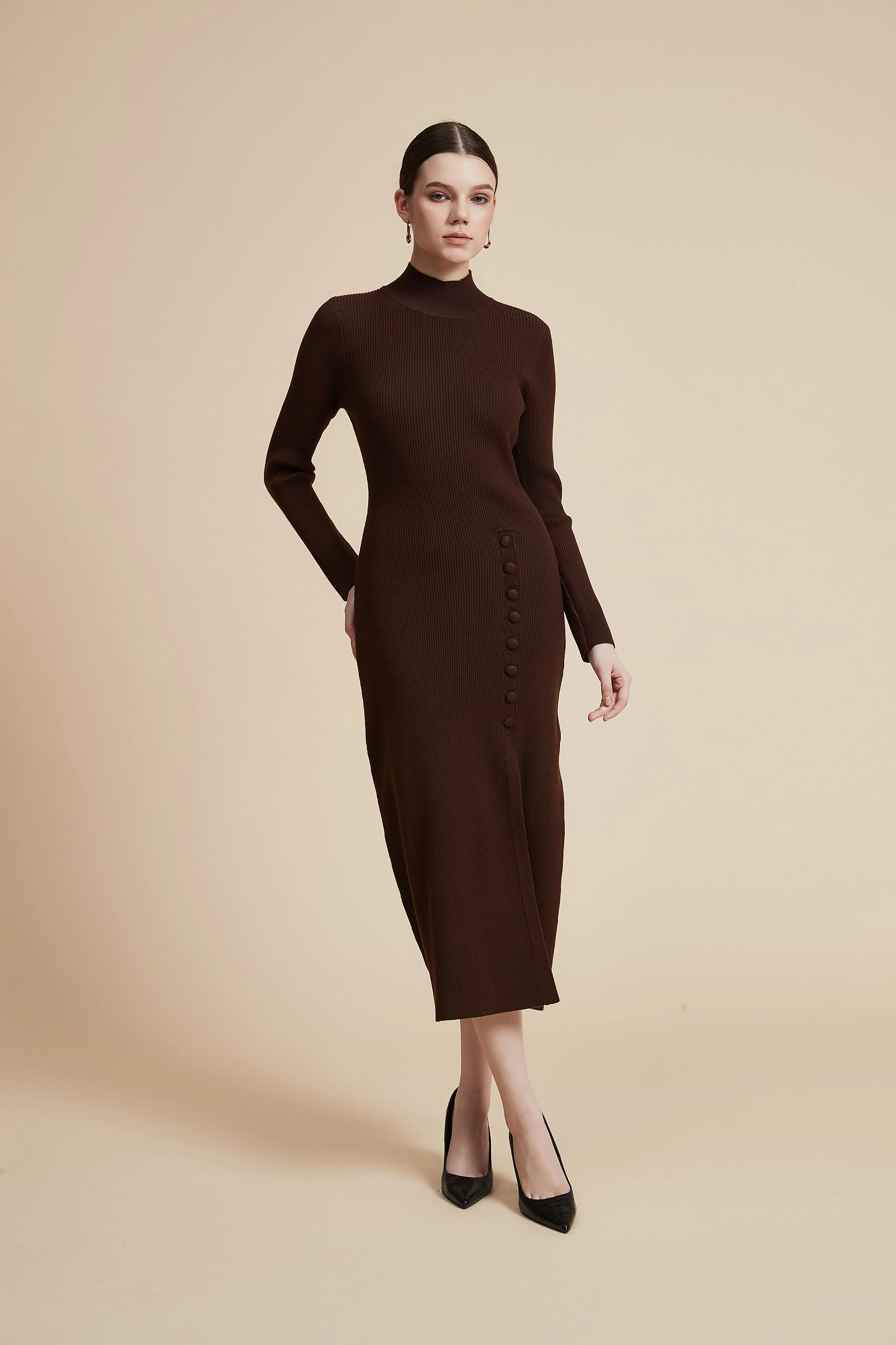 Solid Ribbed Midi Dress with Long Sleeves and Side Slit - Image 10
