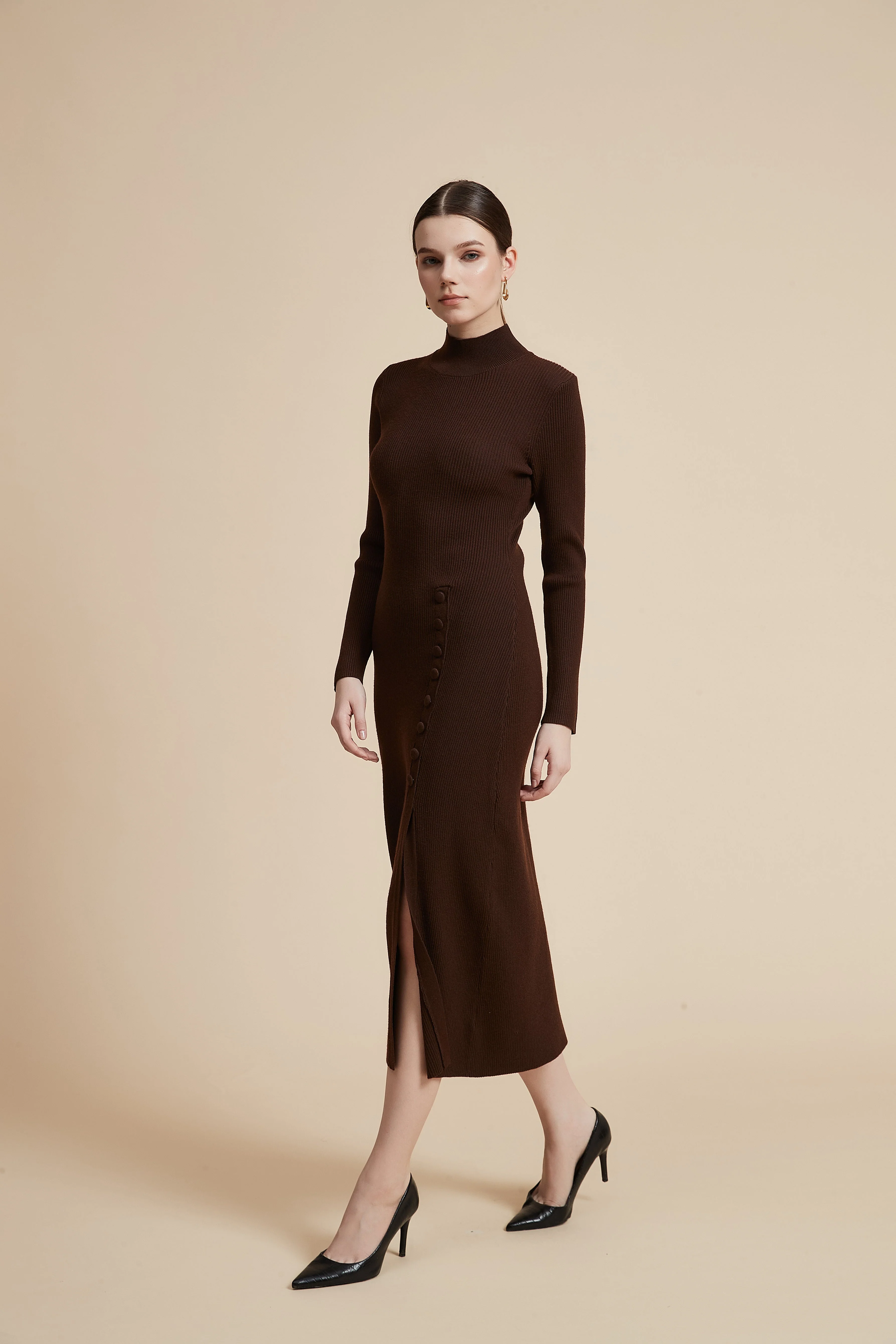 Solid Ribbed Midi Dress with Long Sleeves and Side Slit - Image 11
