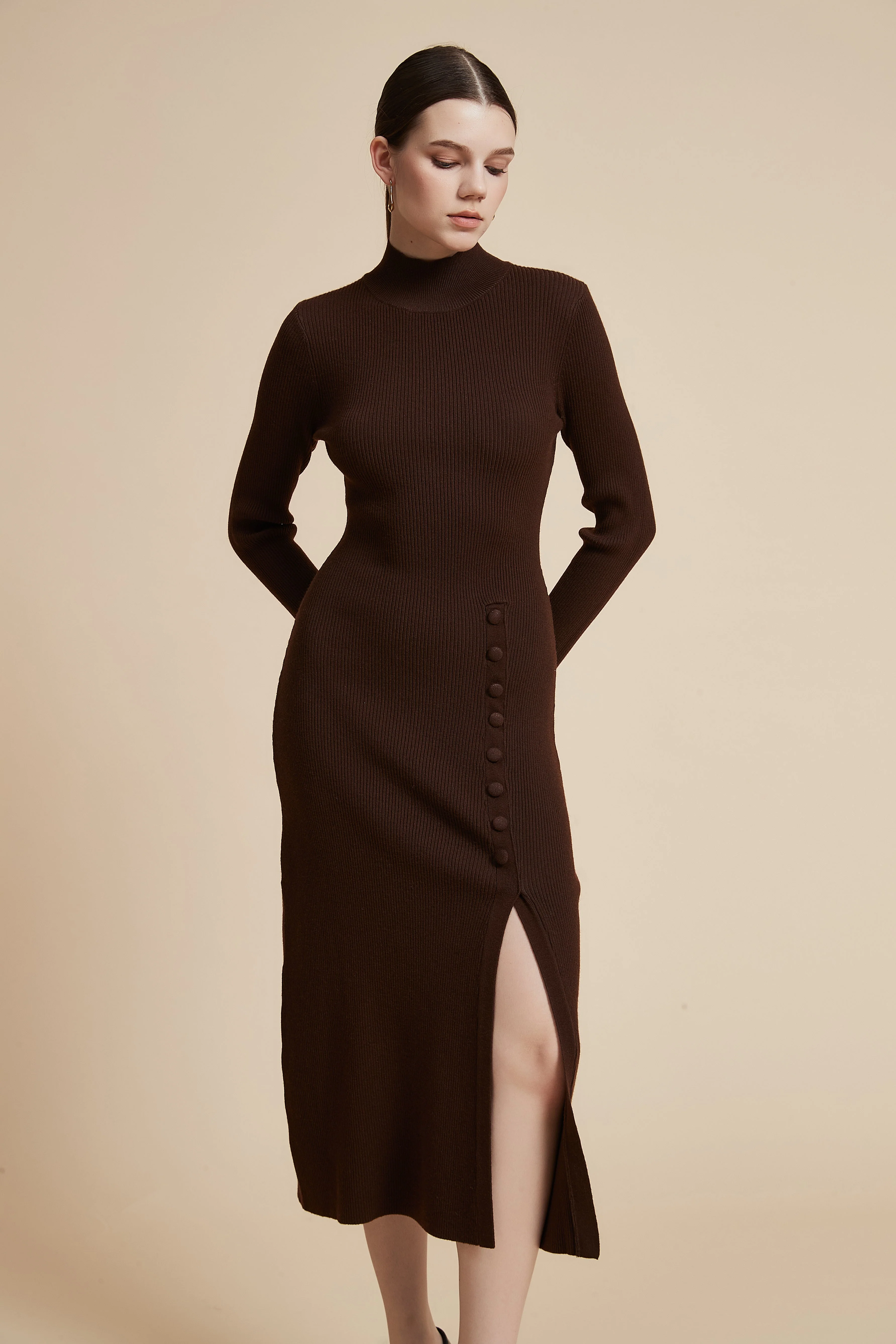 Solid Ribbed Midi Dress with Long Sleeves and Side Slit - Image 12