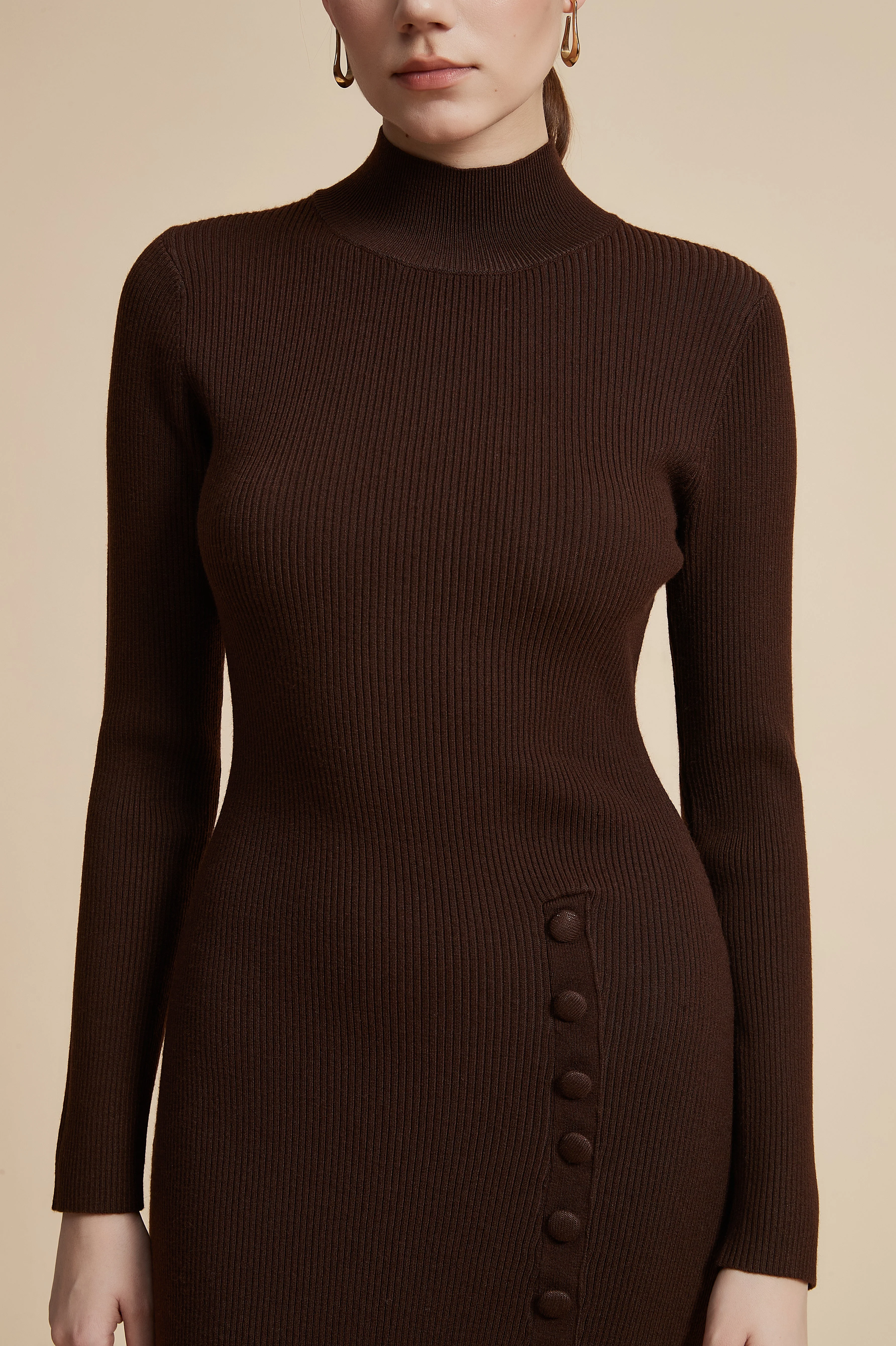 Solid Ribbed Midi Dress with Long Sleeves and Side Slit - Image 13
