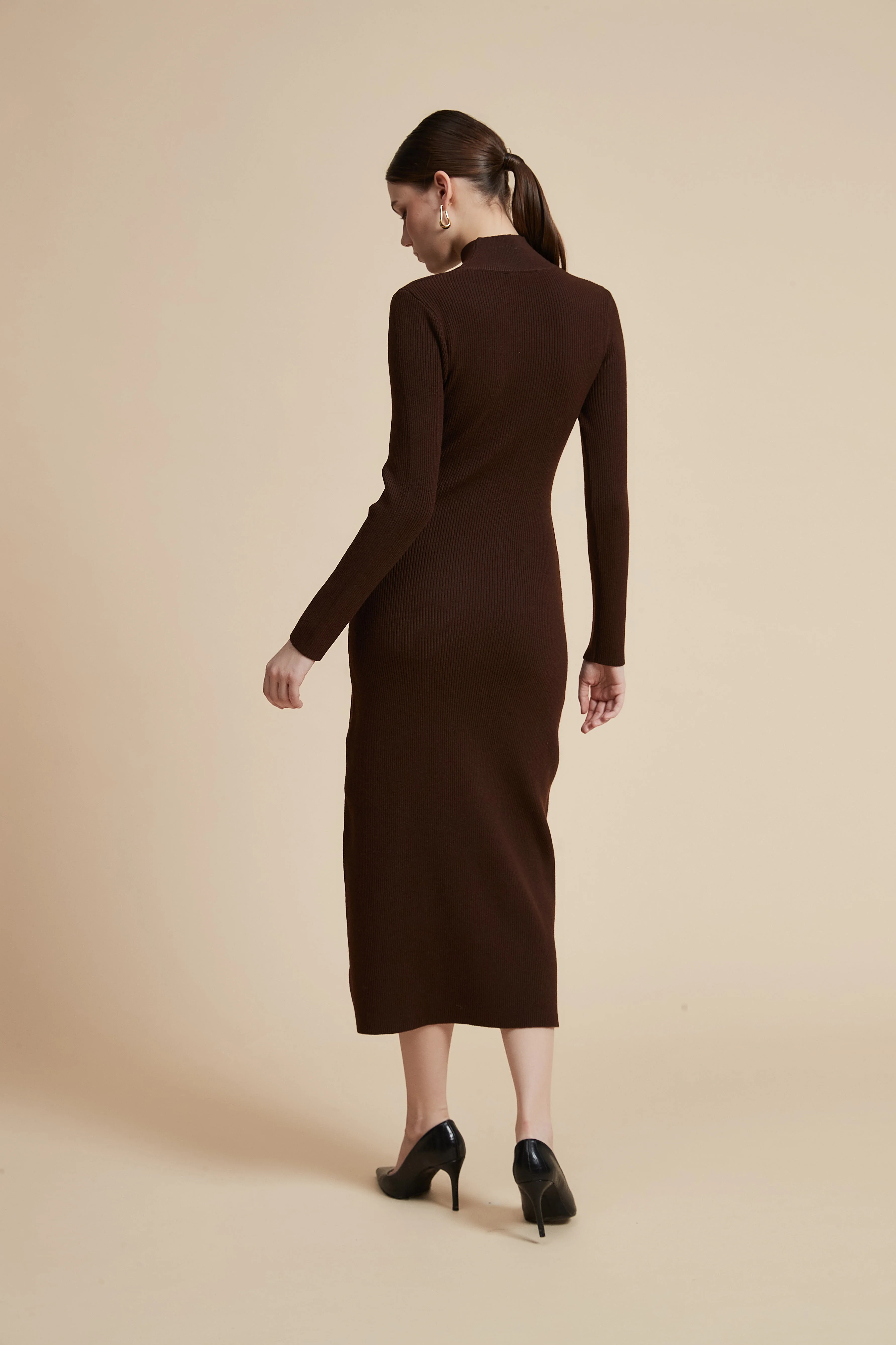 Solid Ribbed Midi Dress with Long Sleeves and Side Slit - Image 14