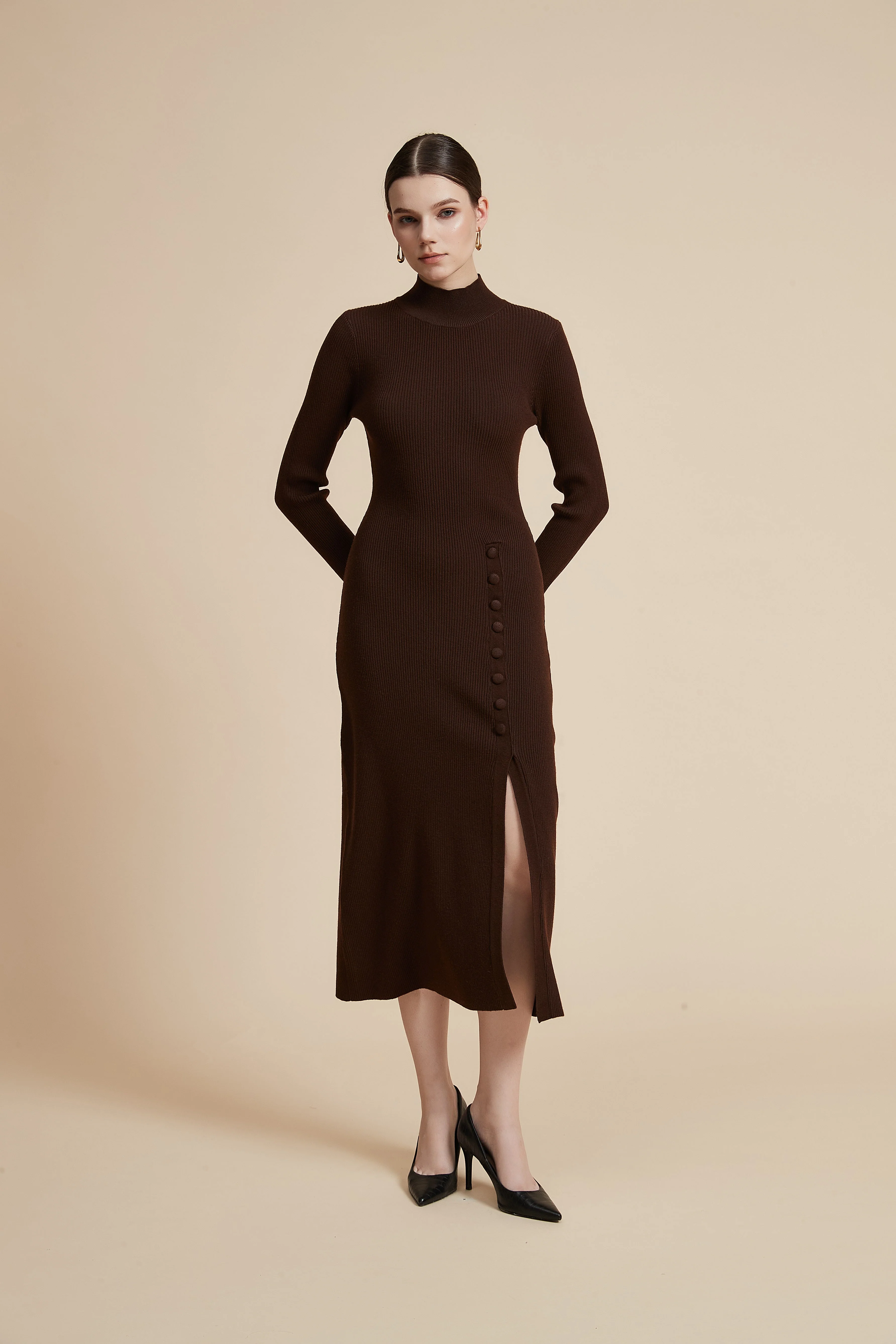 Solid Ribbed Midi Dress with Long Sleeves and Side Slit - Image 16
