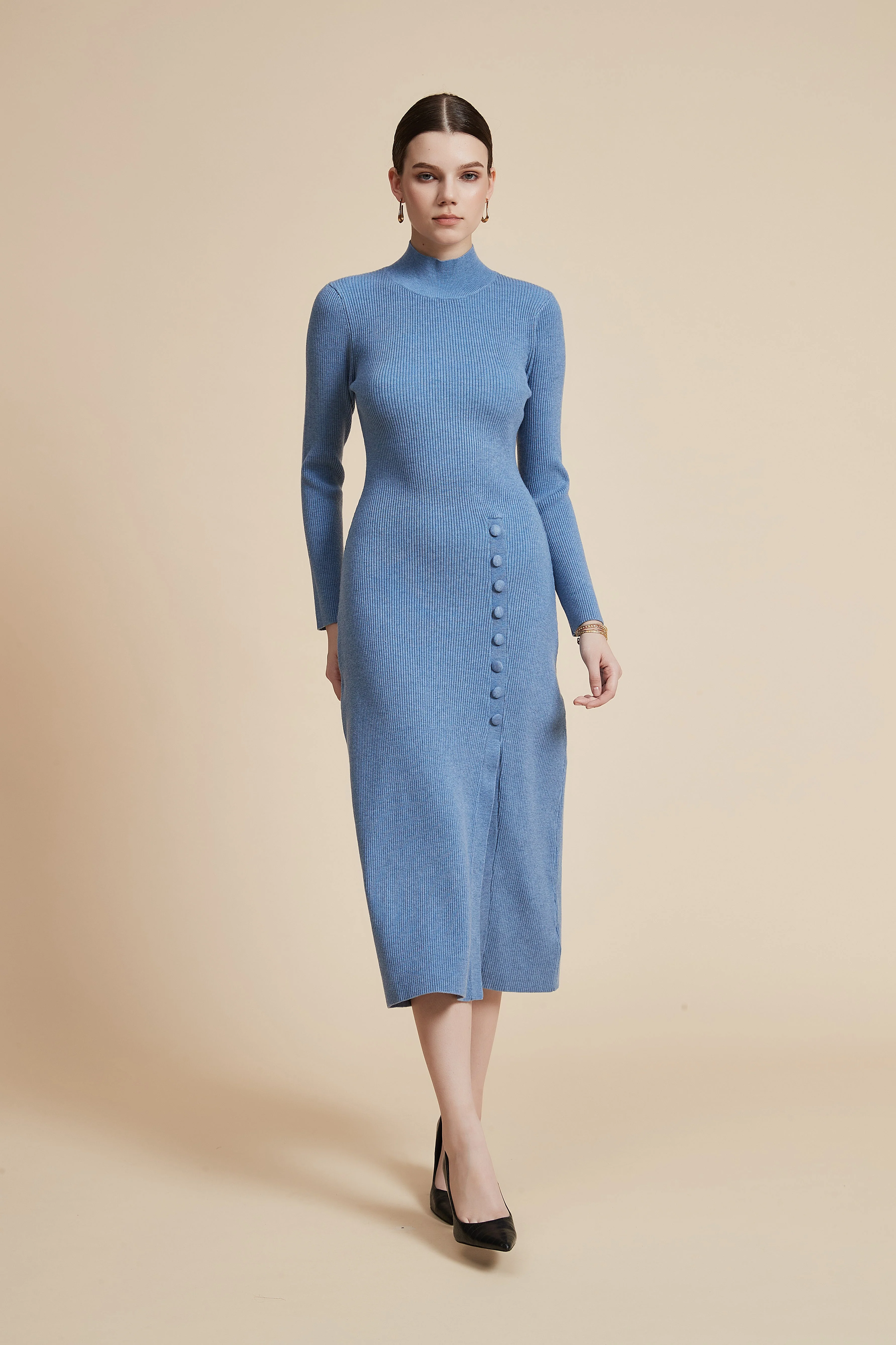Solid Ribbed Midi Dress with Long Sleeves and Side Slit - Image 2