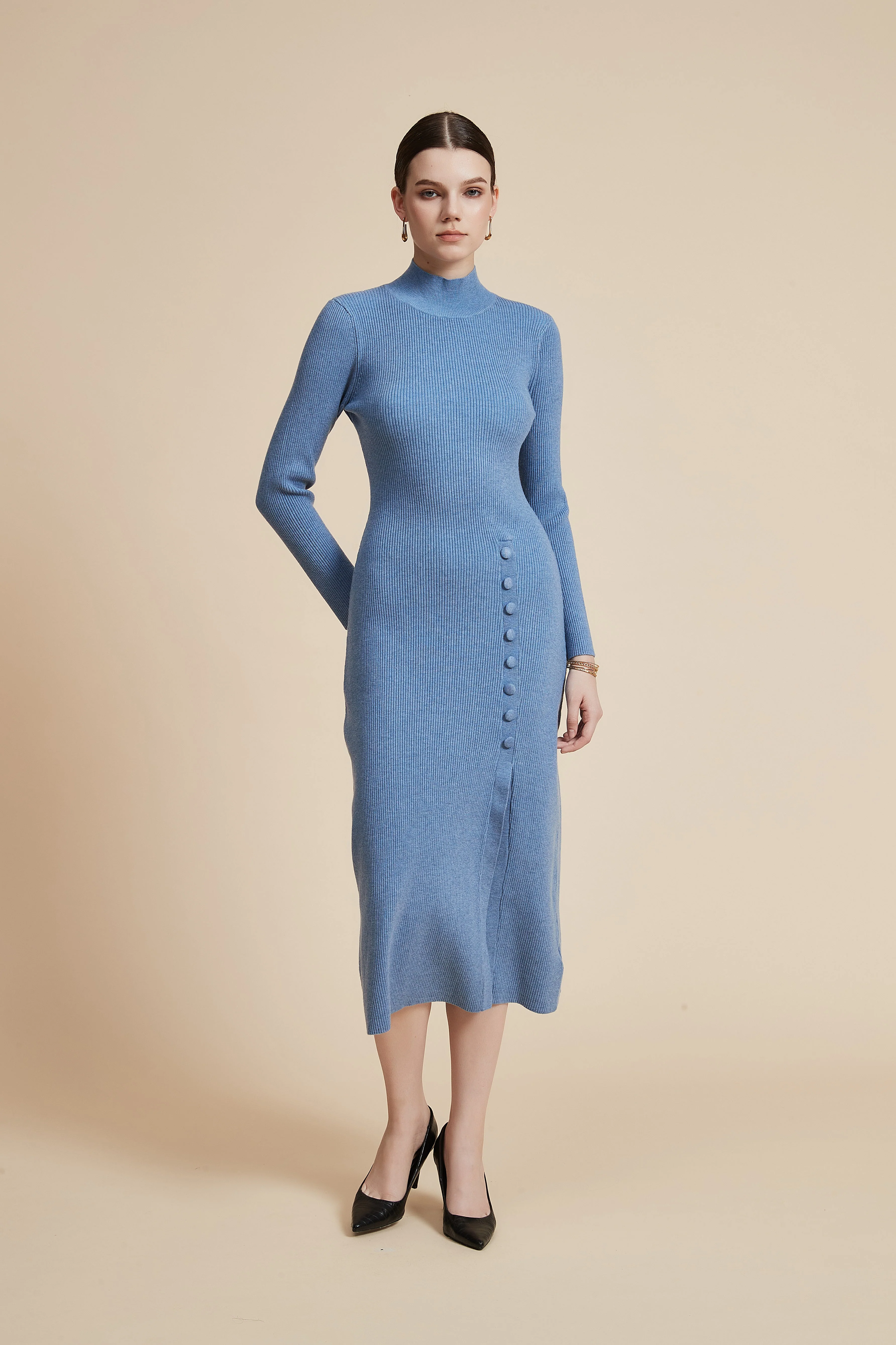 Solid Ribbed Midi Dress with Long Sleeves and Side Slit - Image 4