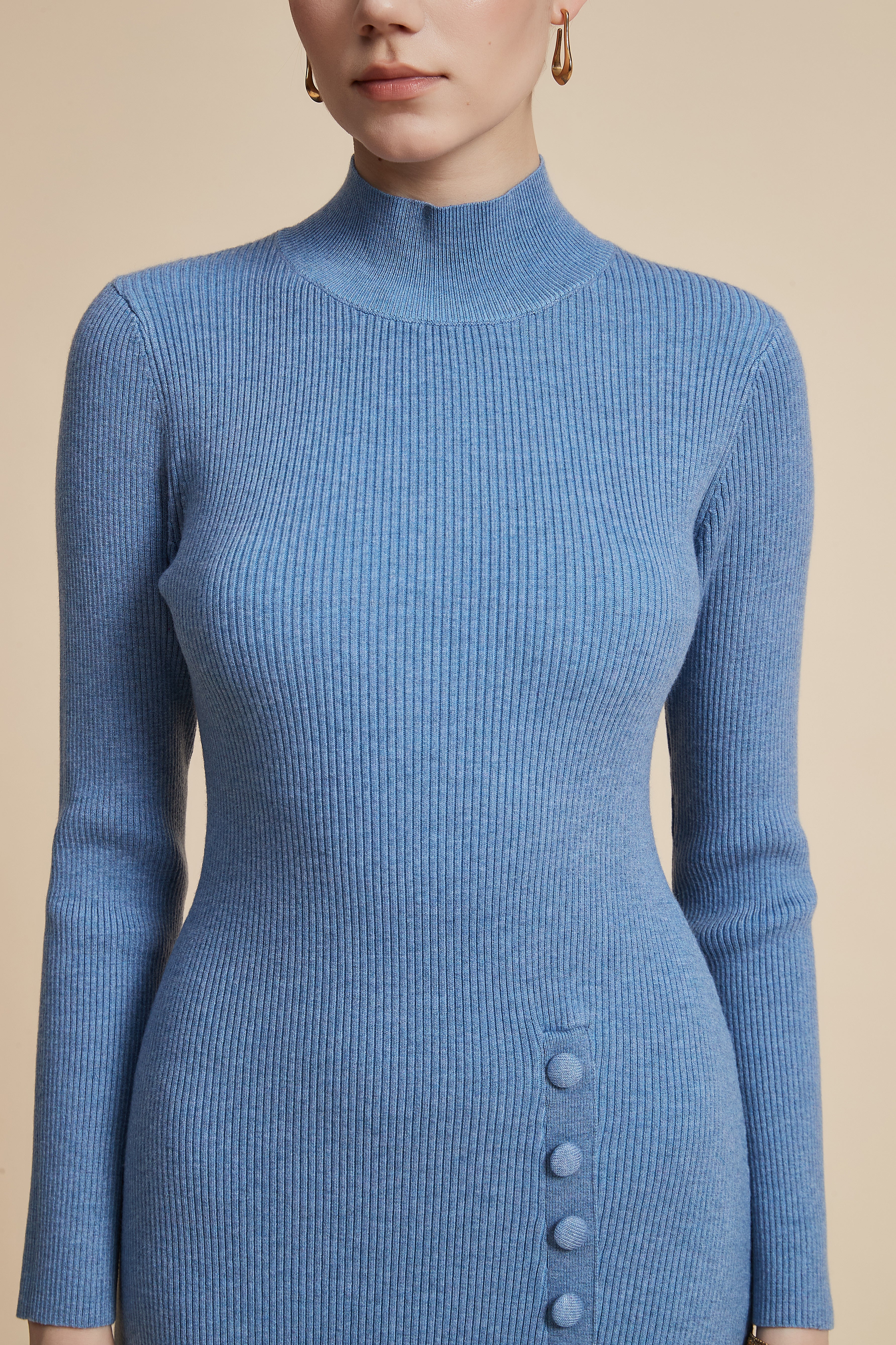 Solid Ribbed Midi Dress with Long Sleeves and Side Slit - Image 6