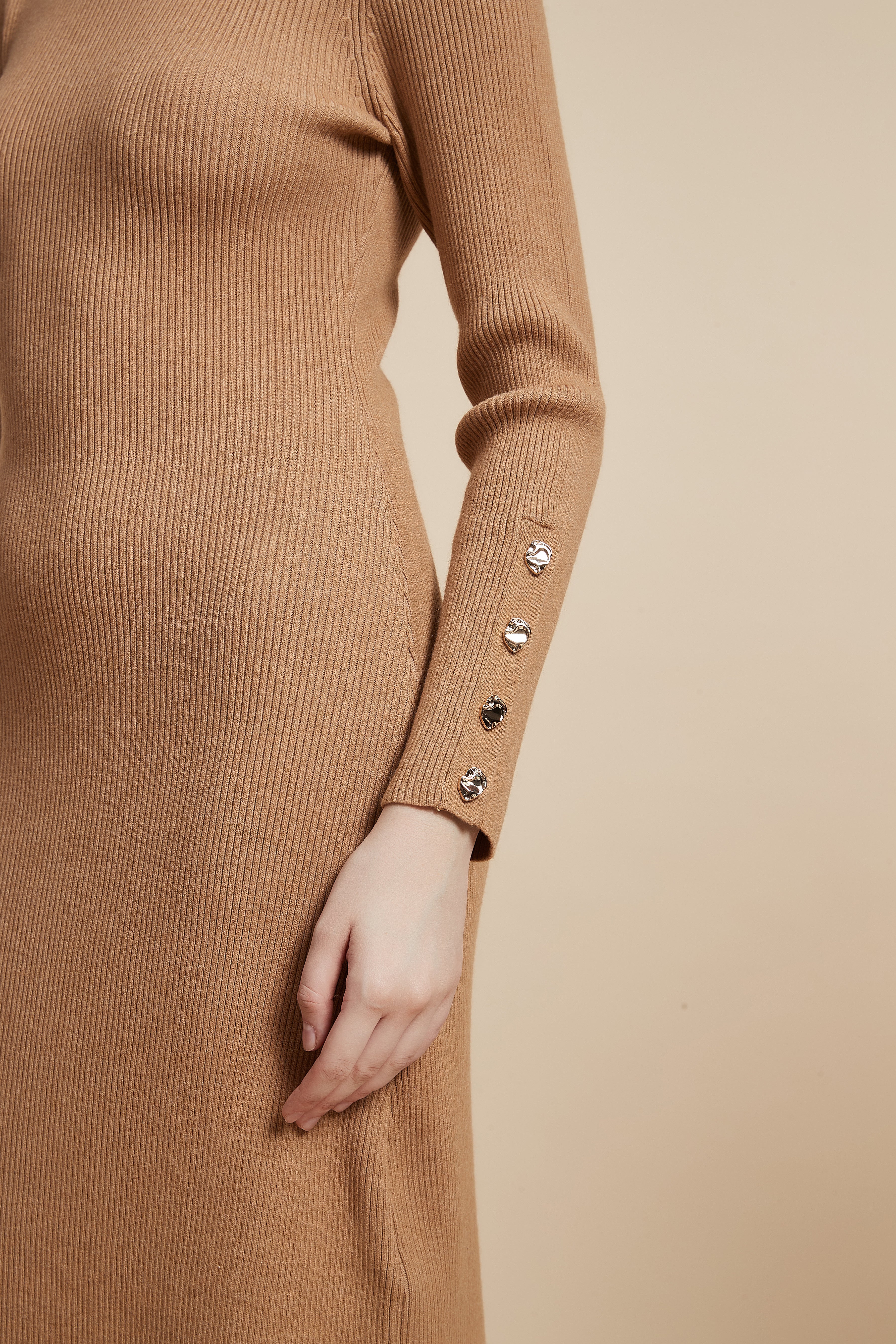 Plain Ribbed Midi Dress With Sleeves Long - Image 7