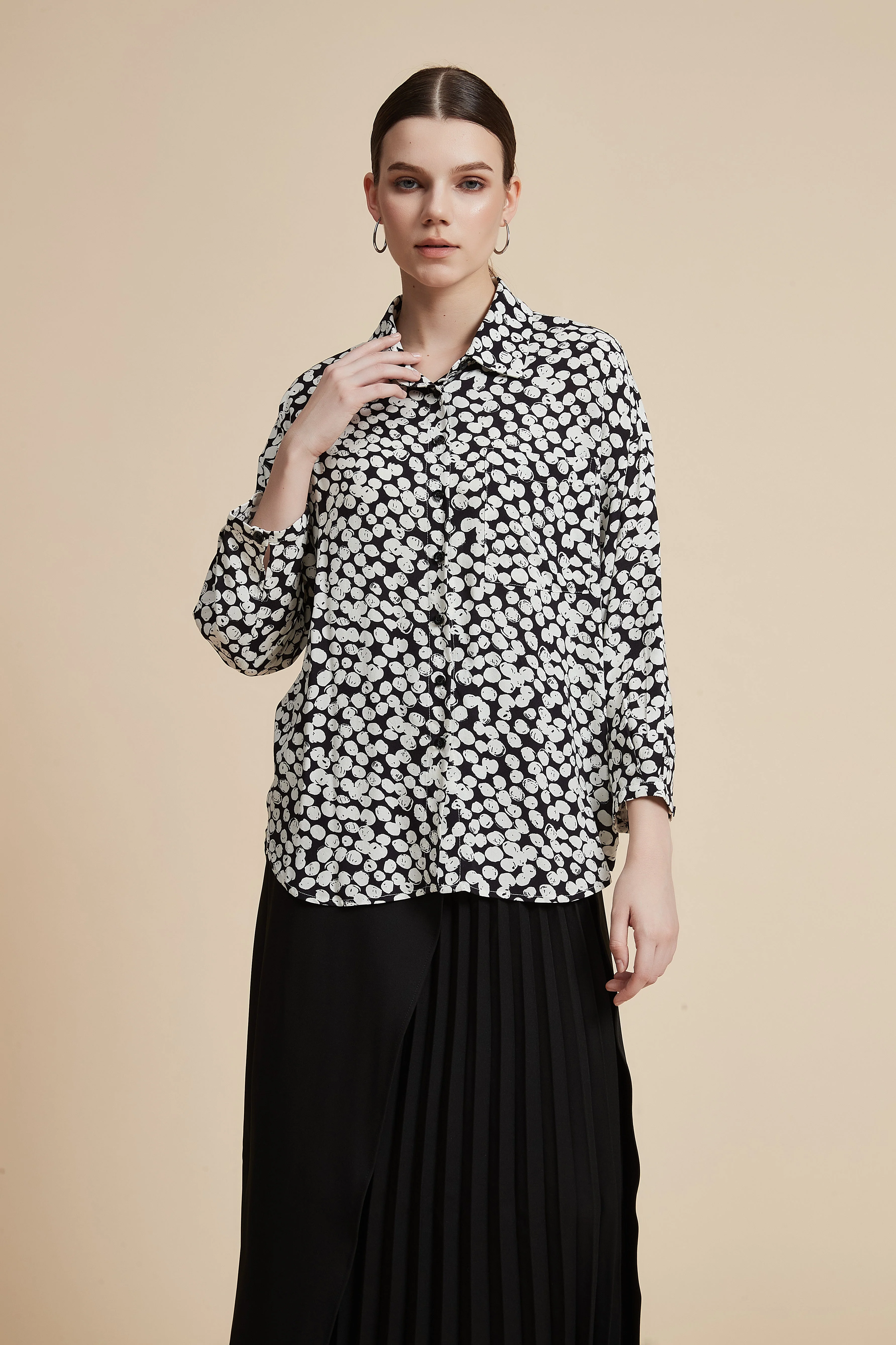 Polyester Long-Sleeved Blouse With A Shirt Collar