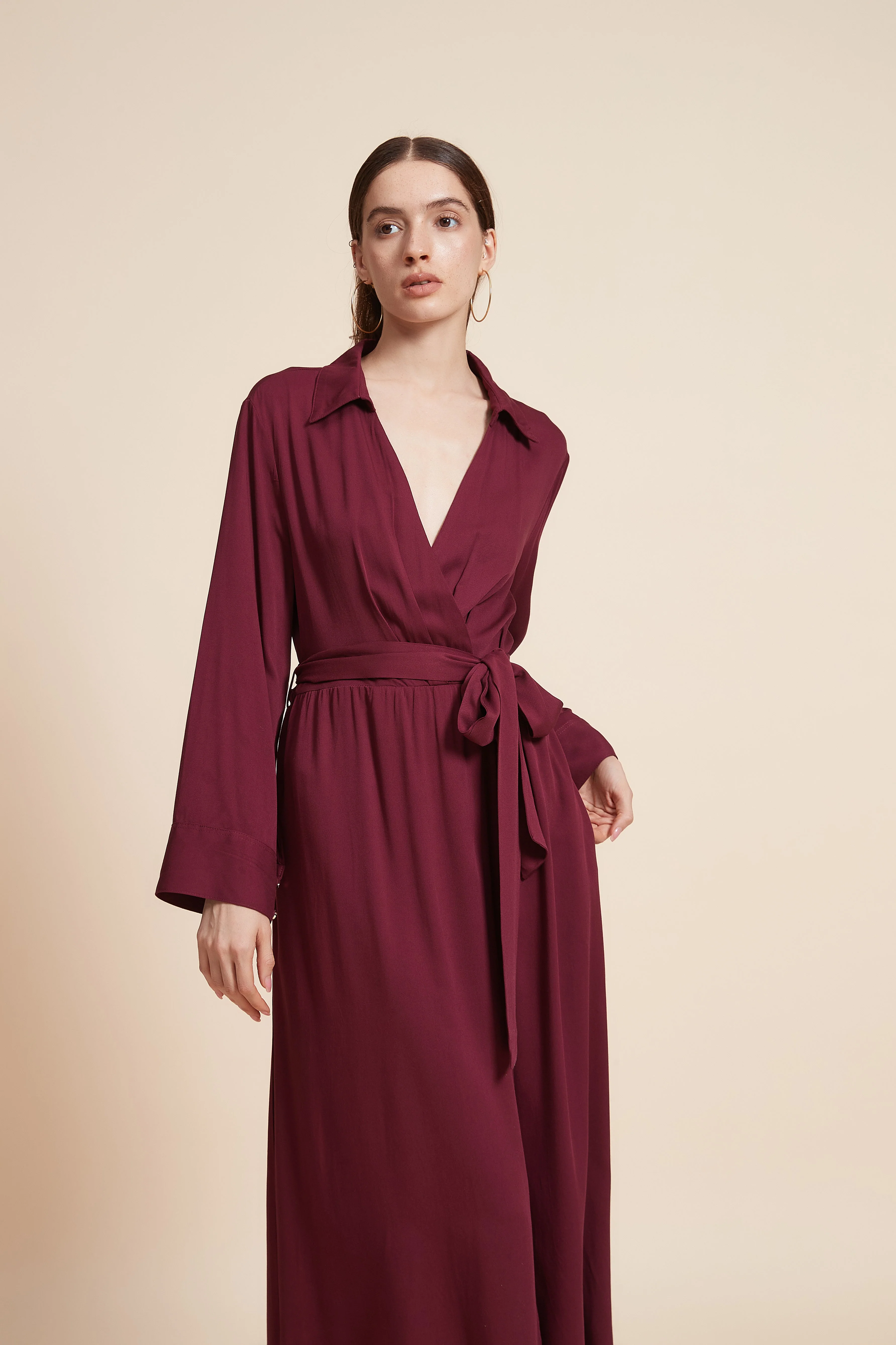 Plain Long-Sleeved Midi Dress With A Waist Belt - Image 4