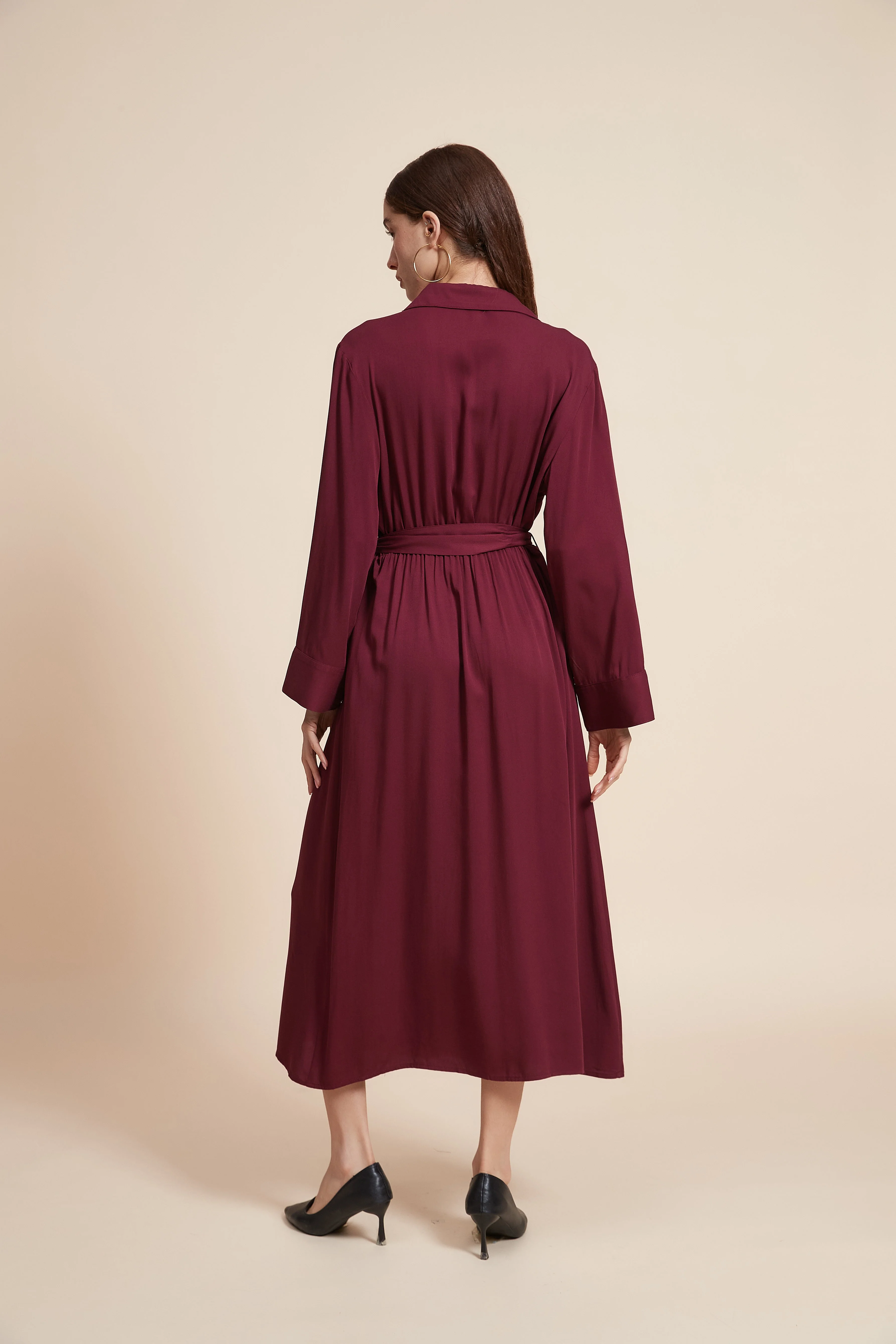 Plain Long-Sleeved Midi Dress With A Waist Belt - Image 6