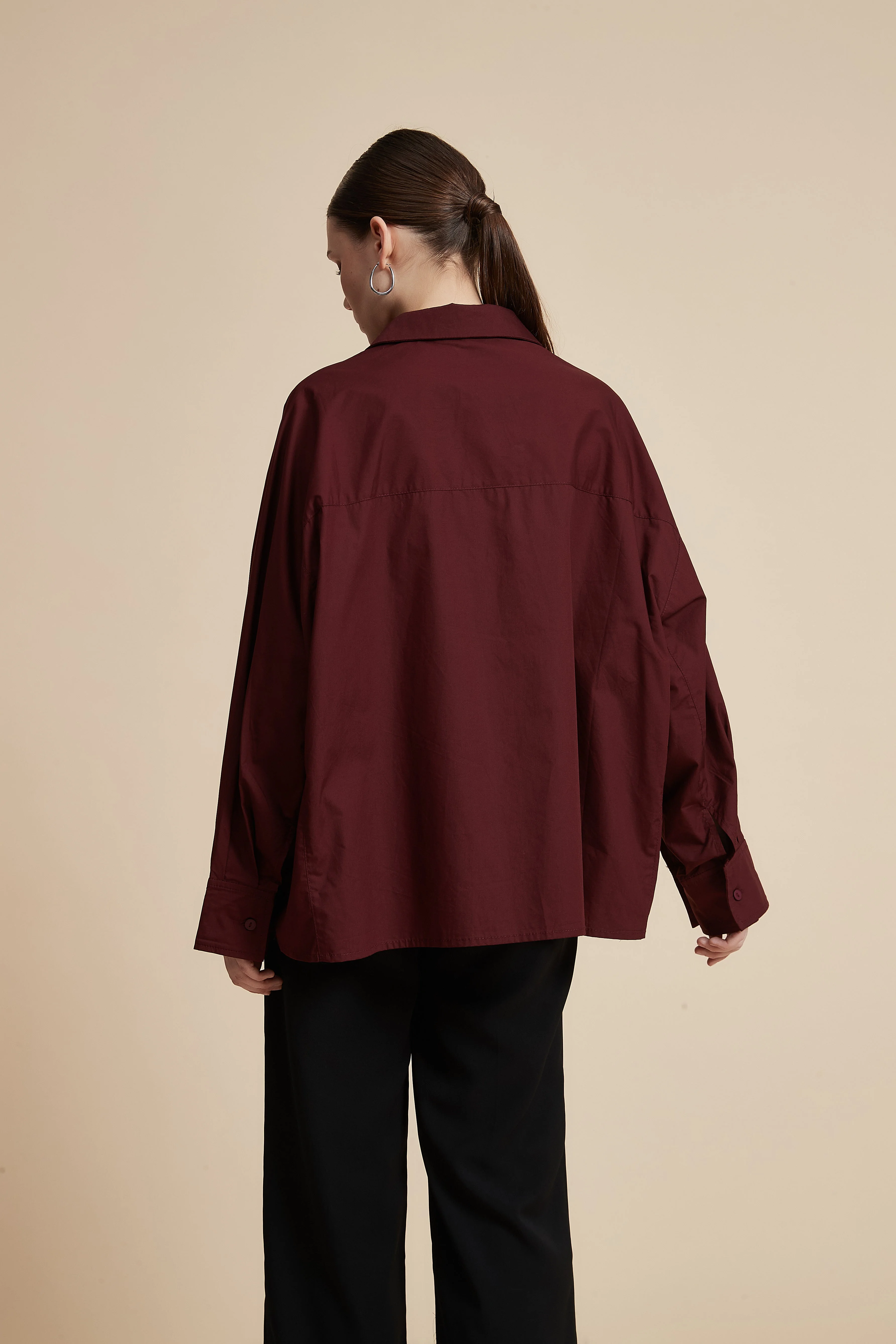 Plain Long-Sleeved Shirt-Style Blouse - Image 3