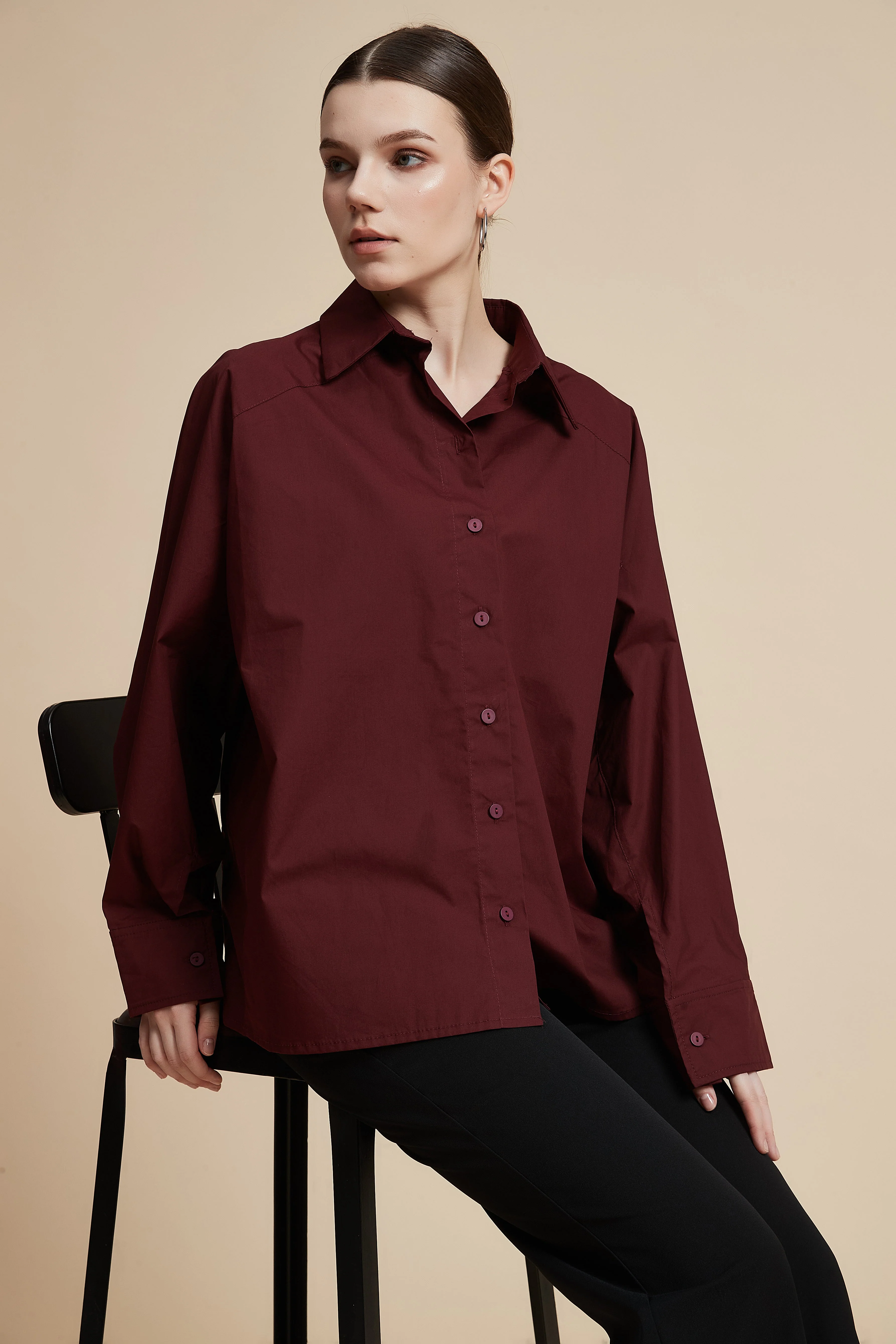 Plain Long-Sleeved Shirt-Style Blouse - Image 4