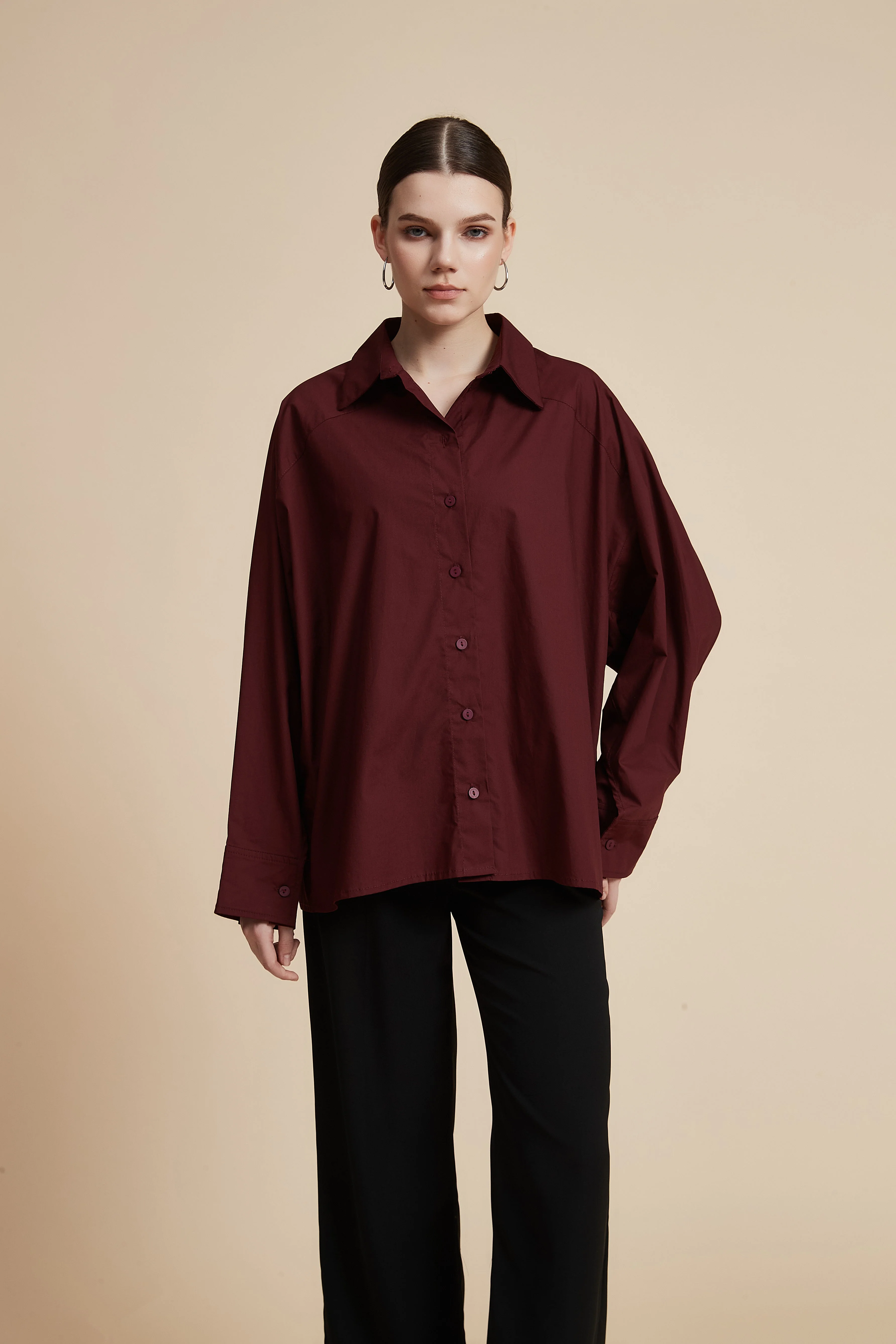 Plain Long-Sleeved Shirt-Style Blouse - Image 5