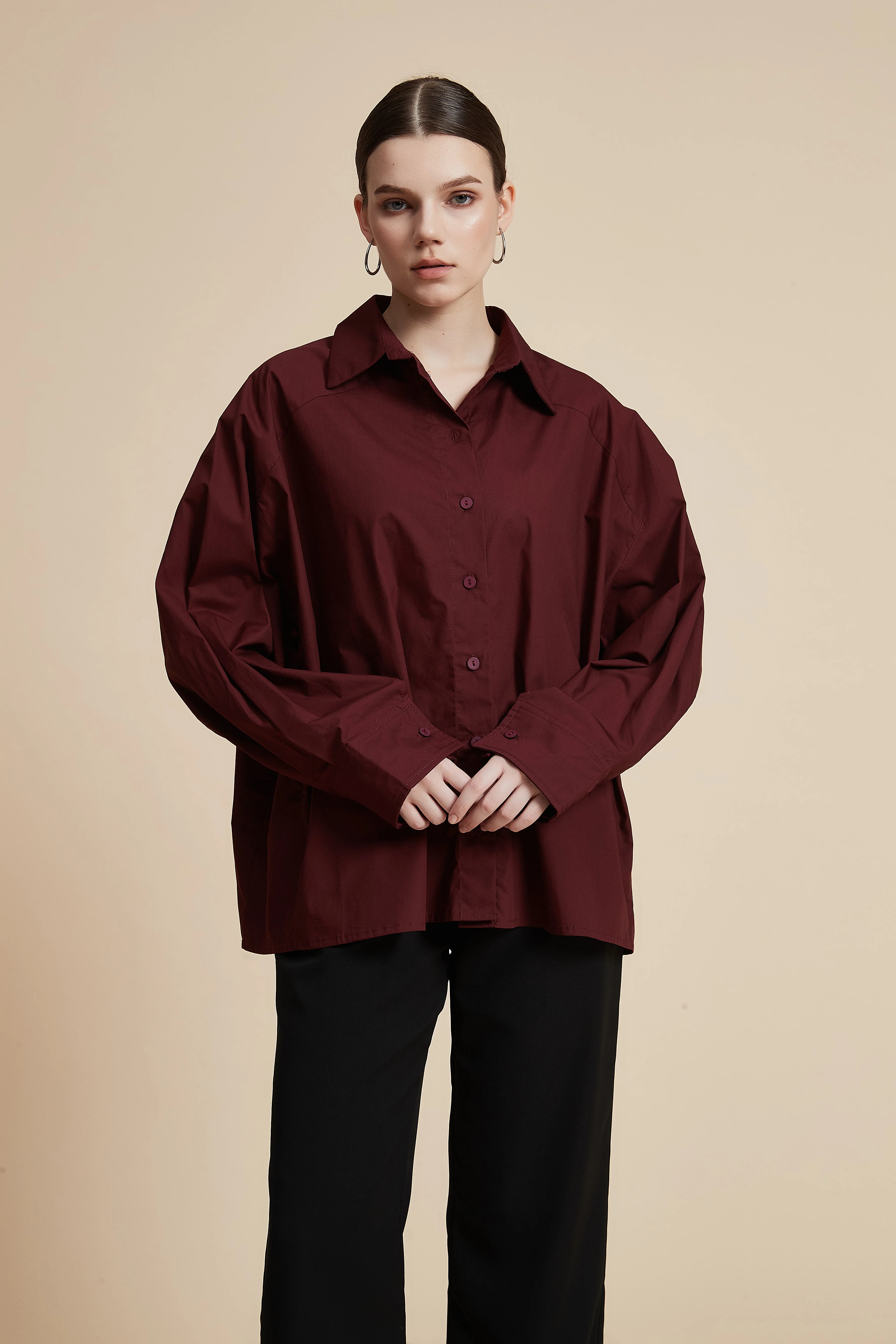 Plain Long-Sleeved Shirt-Style Blouse - Image 6
