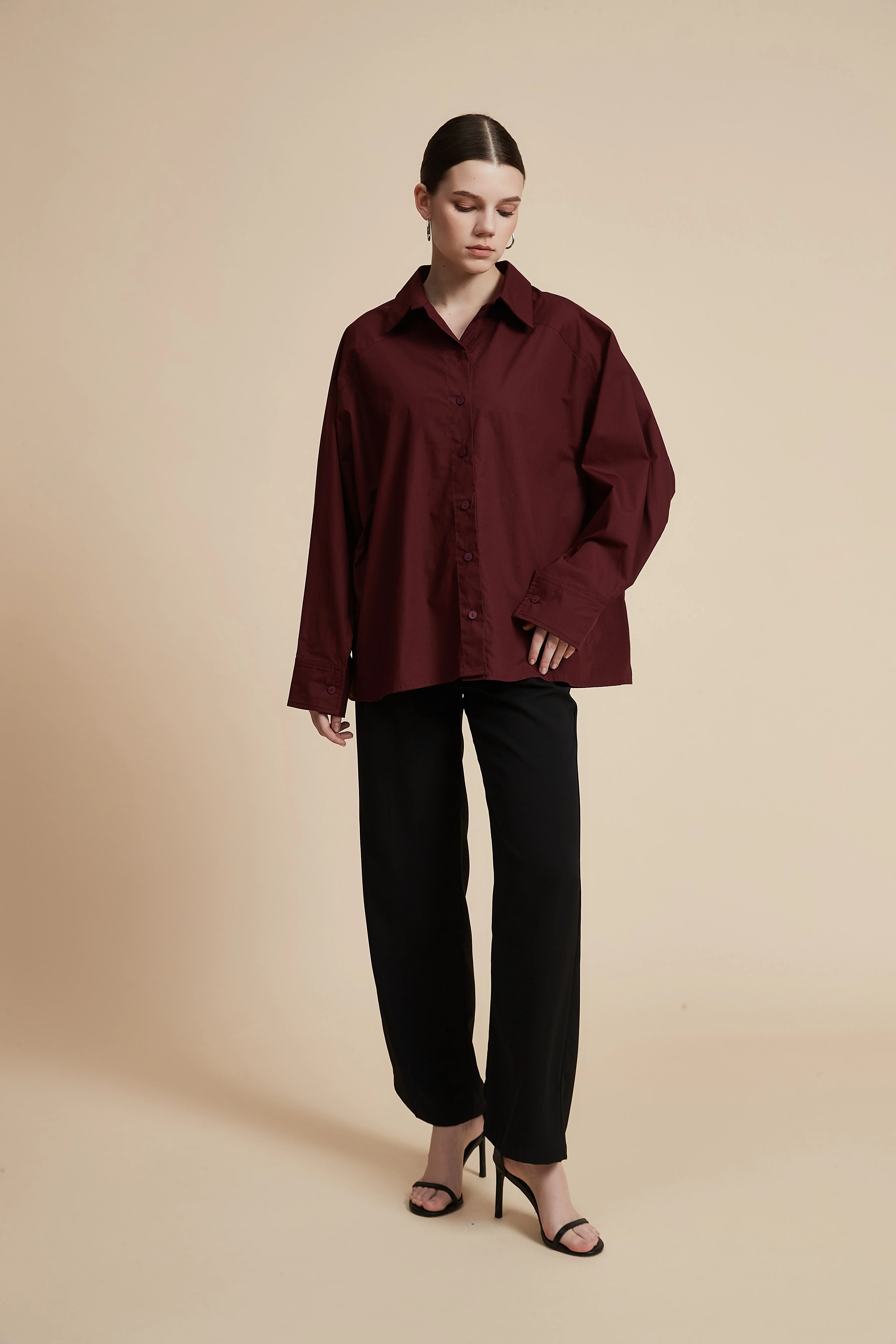 Plain Long-Sleeved Shirt-Style Blouse - Image 7