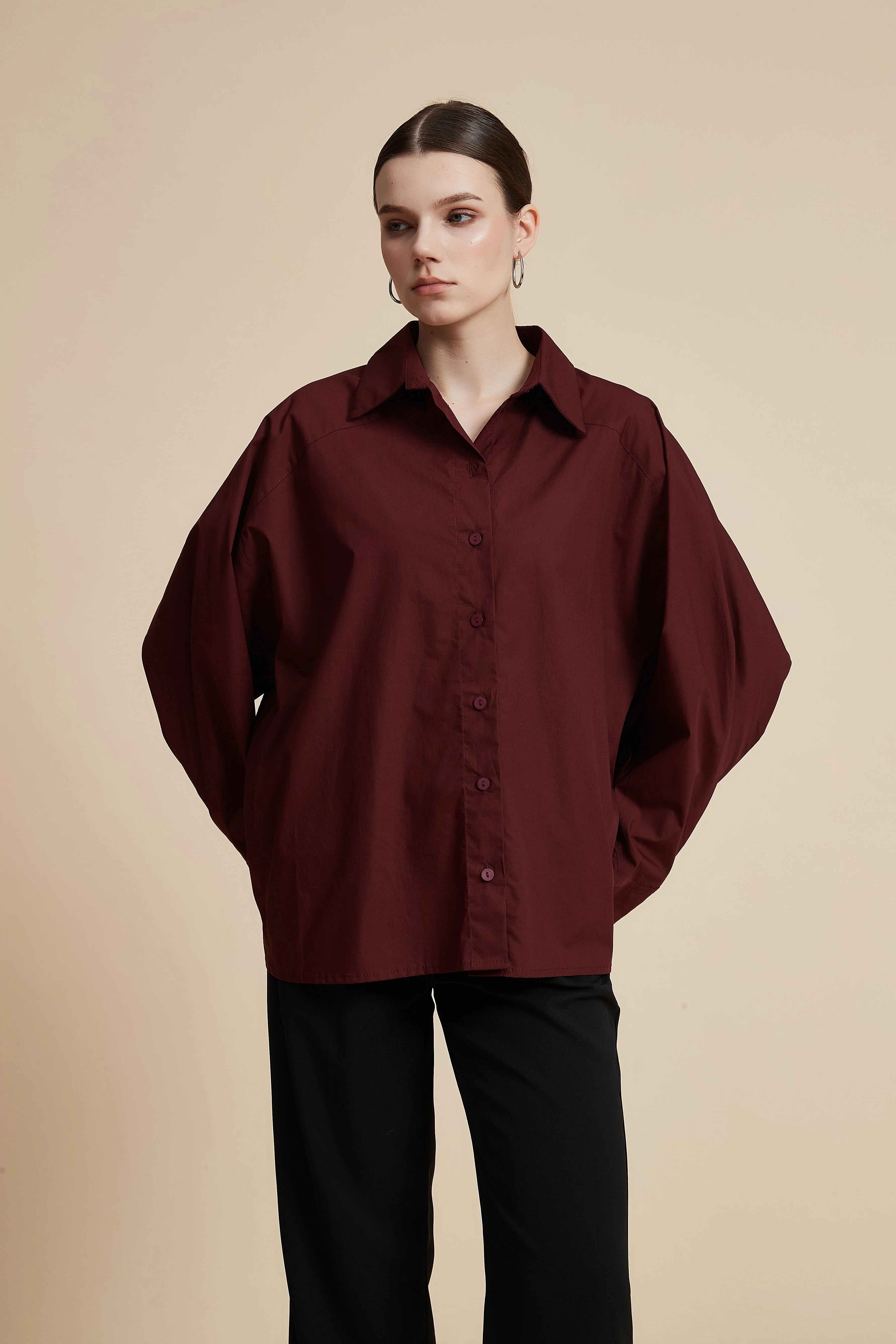 Plain Long-Sleeved Shirt-Style Blouse - Image 8
