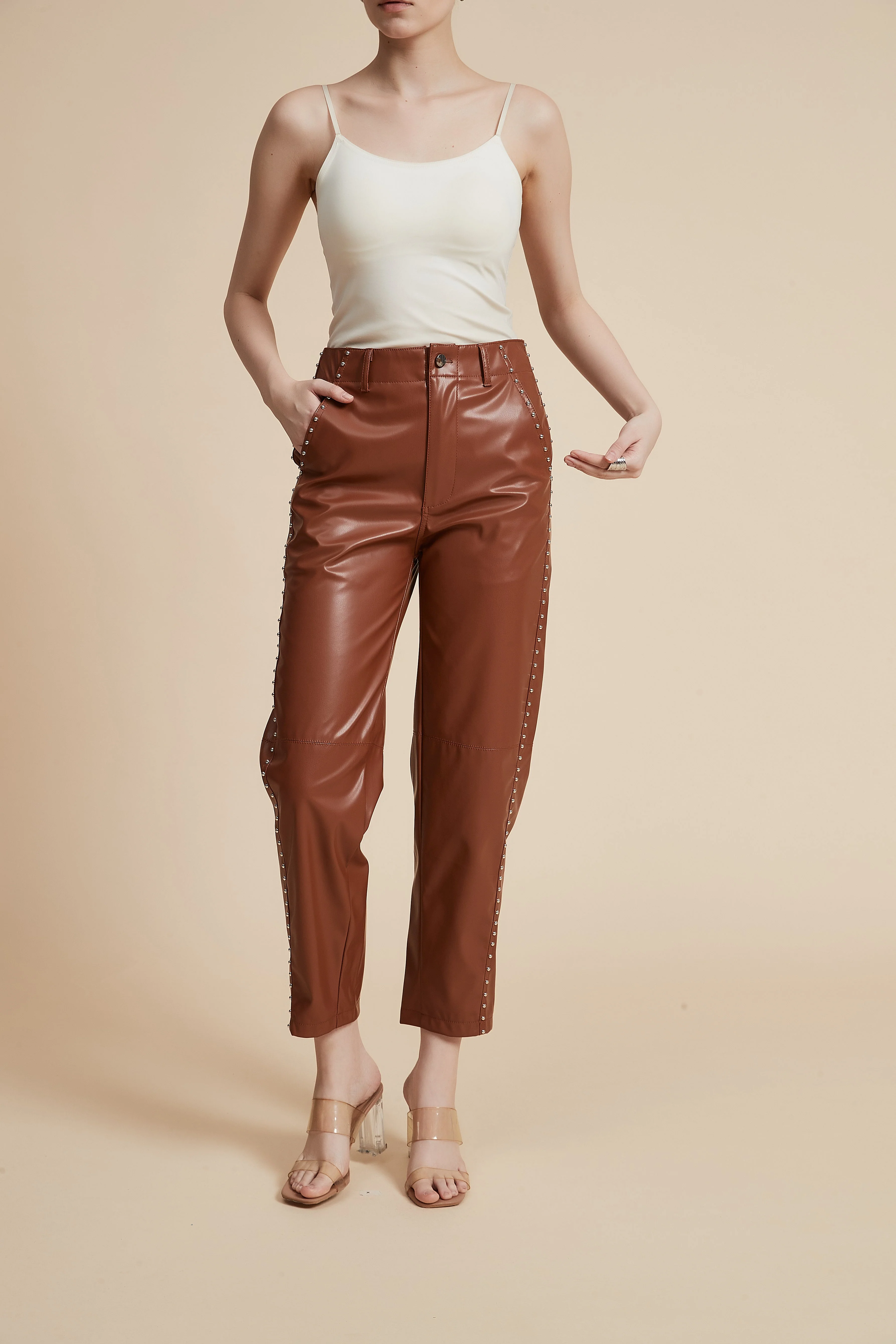 Embellished Leather Pants with Pockets - Image 4
