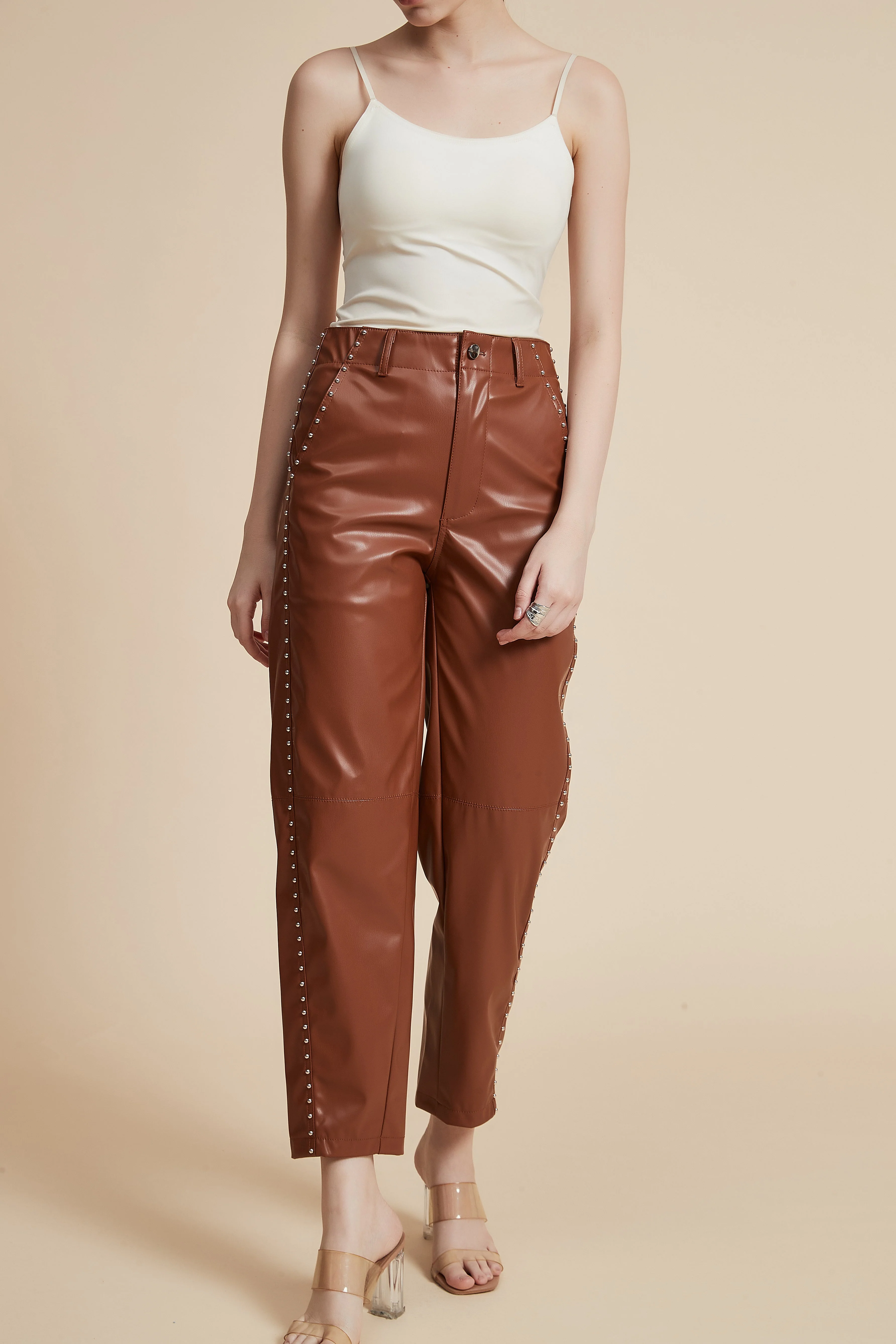 Embellished Leather Pants with Pockets - Image 5