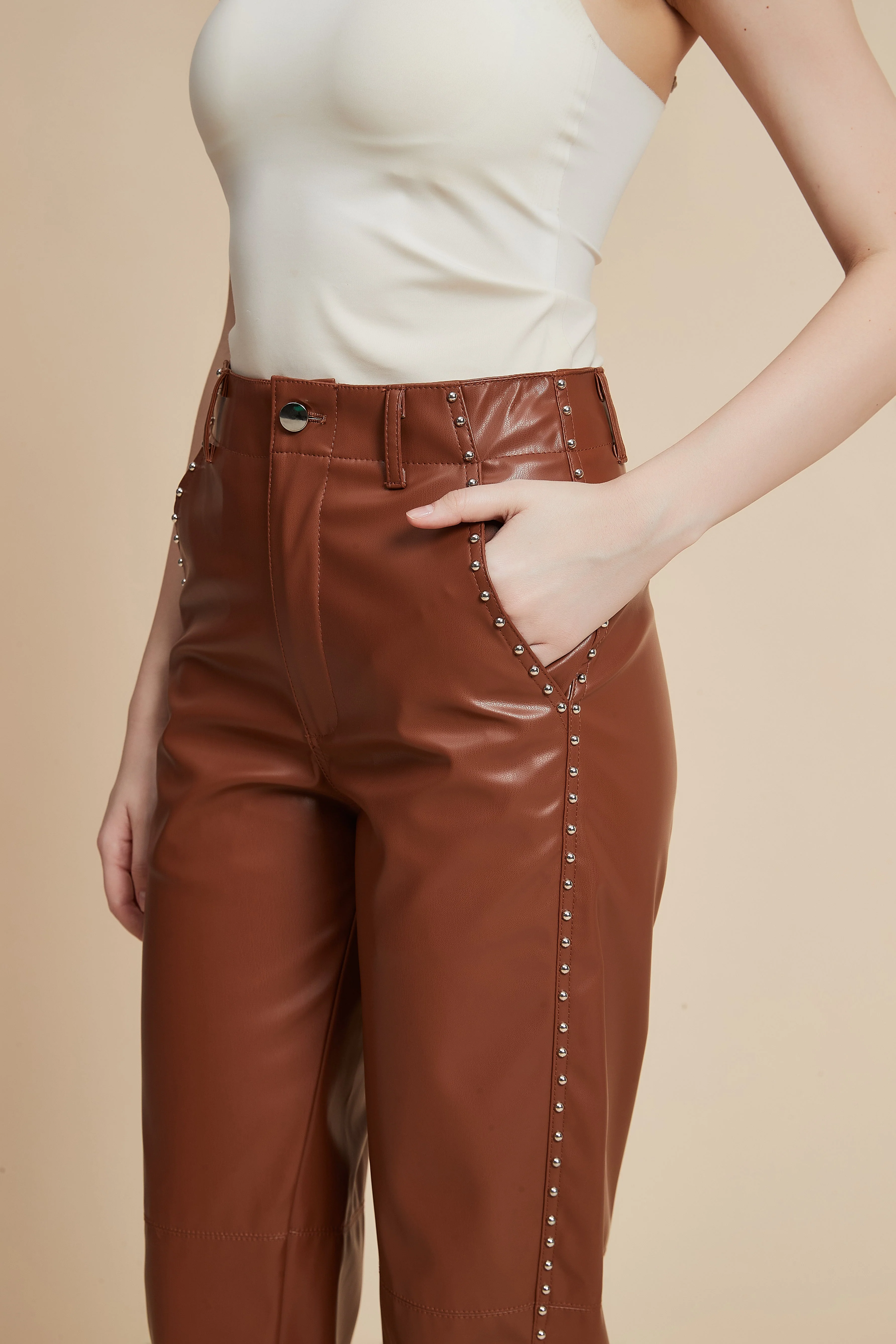 Embellished Leather Pants with Pockets - Image 6