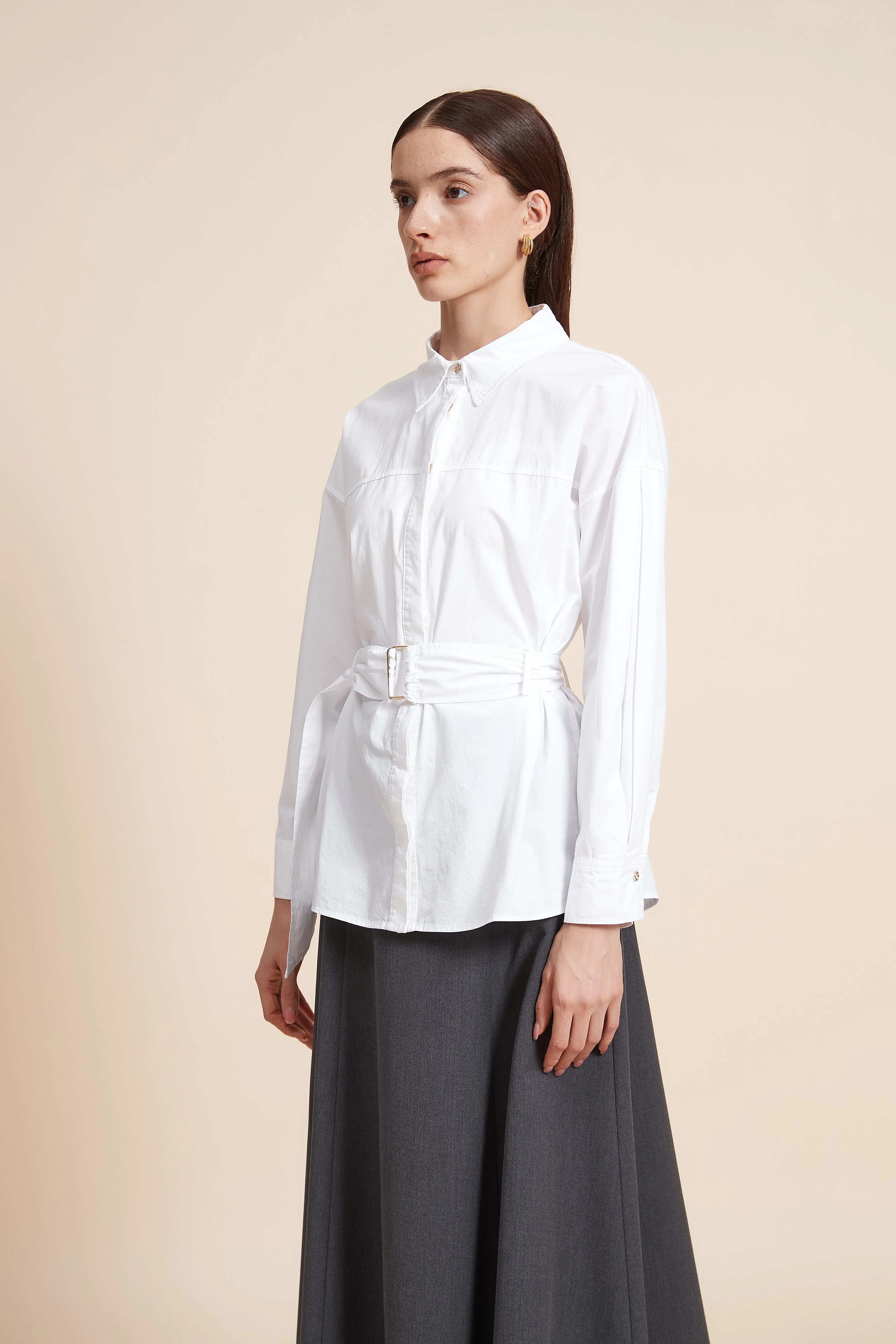 Plain Long Sleeve Blouse with Belt - Image 3