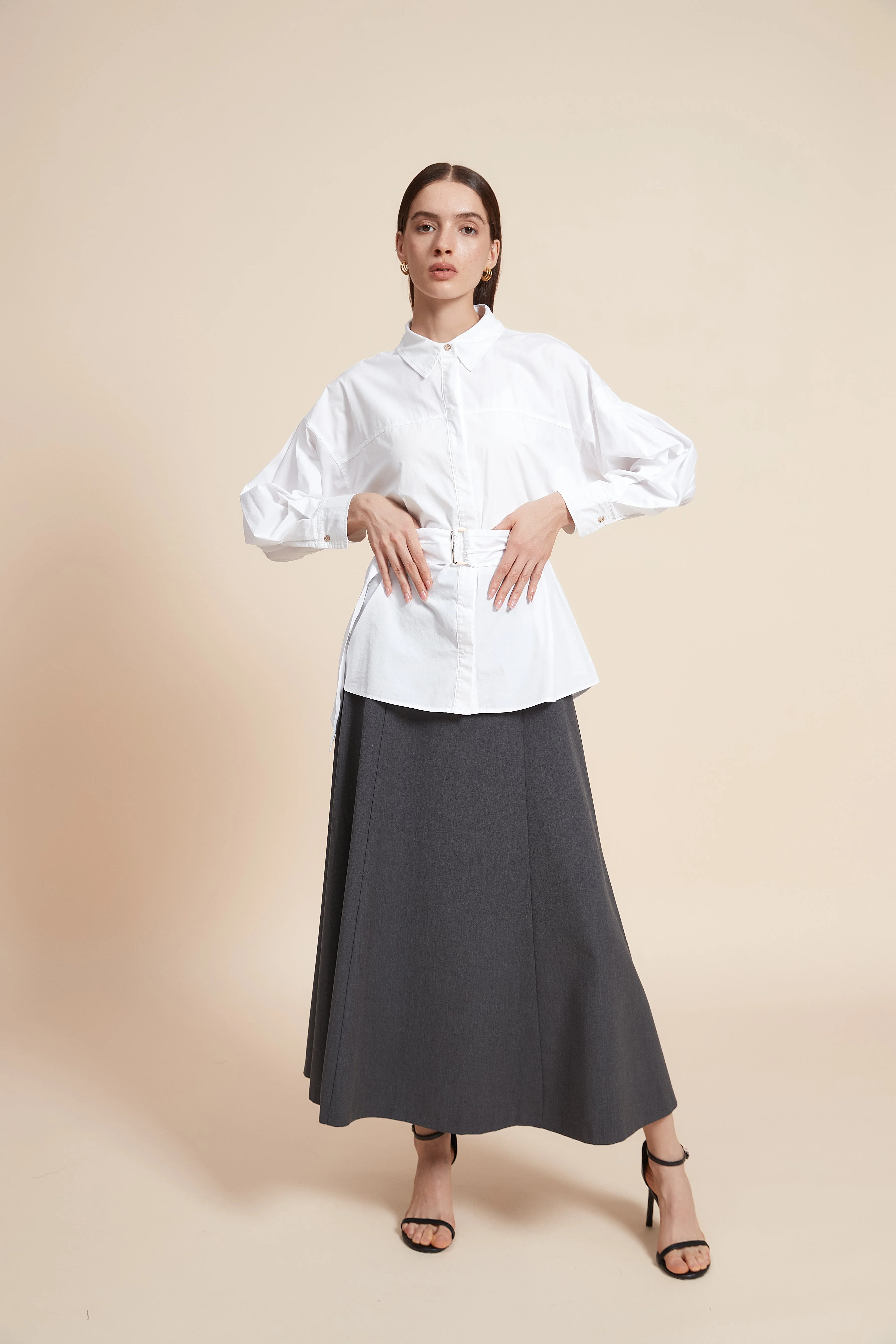 Plain Long Sleeve Blouse with Belt - Image 4