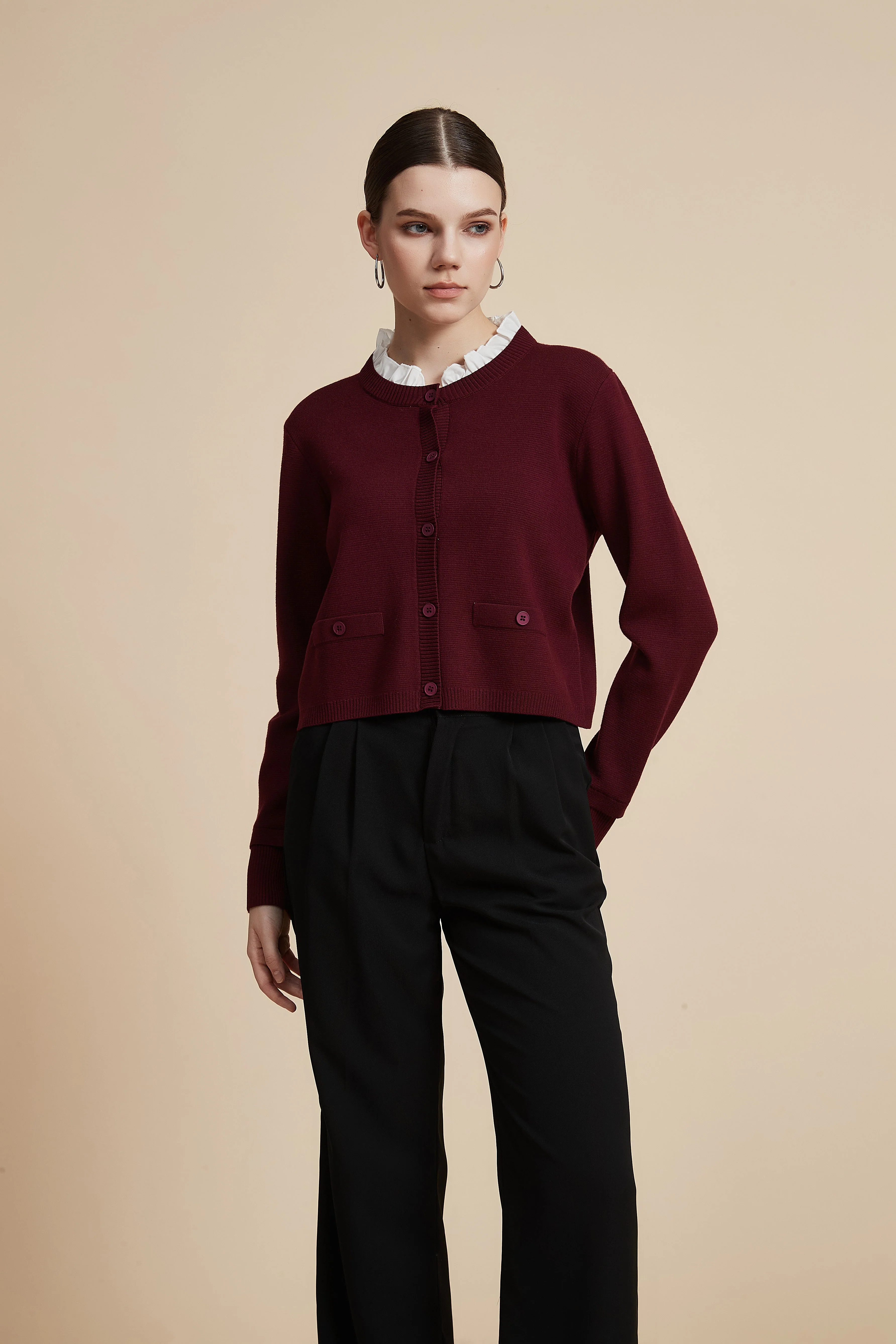 Waist-Length Long Sleeve Cardigan with Front Buttons - Image 2