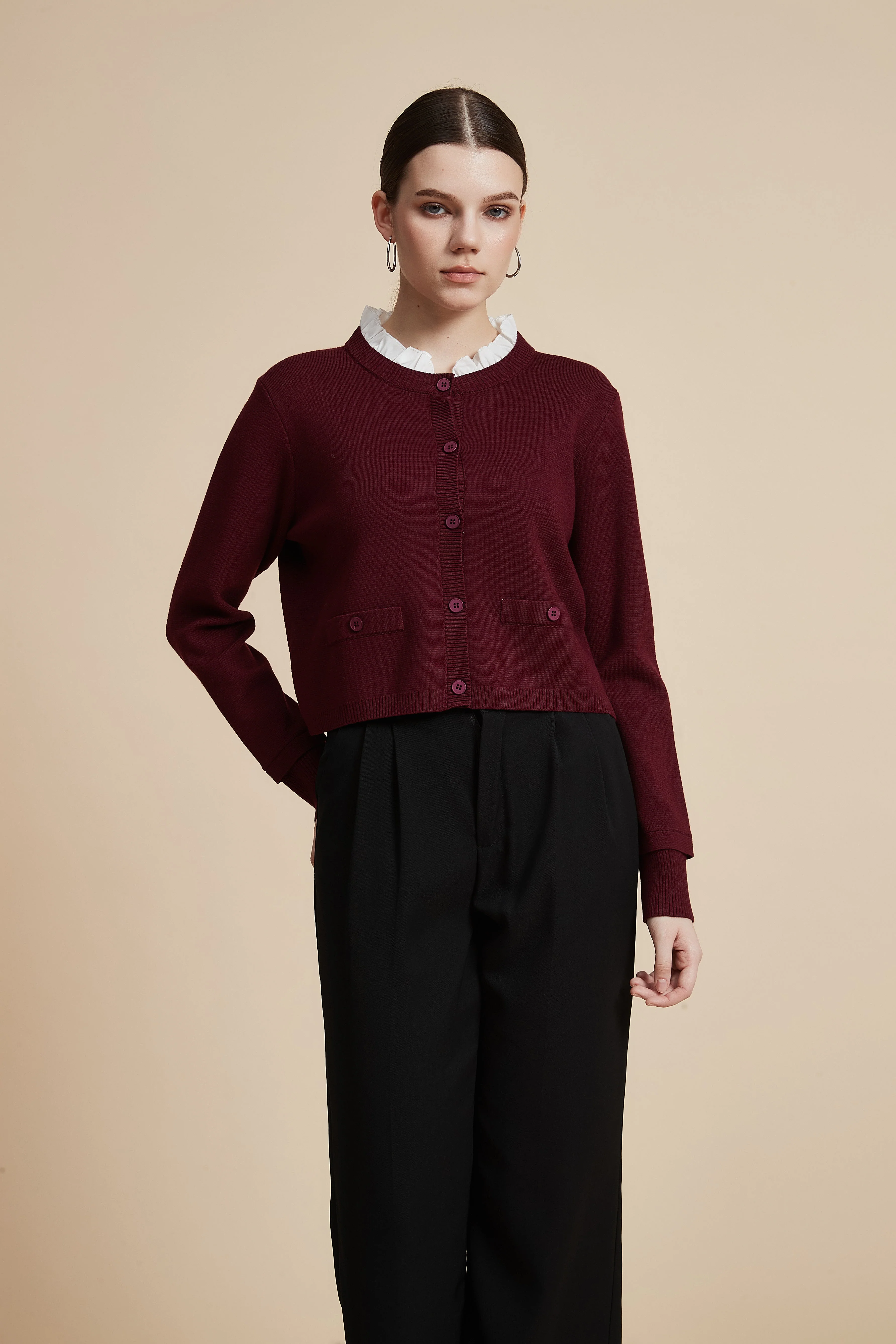 Waist-Length Long Sleeve Cardigan with Front Buttons - Image 3