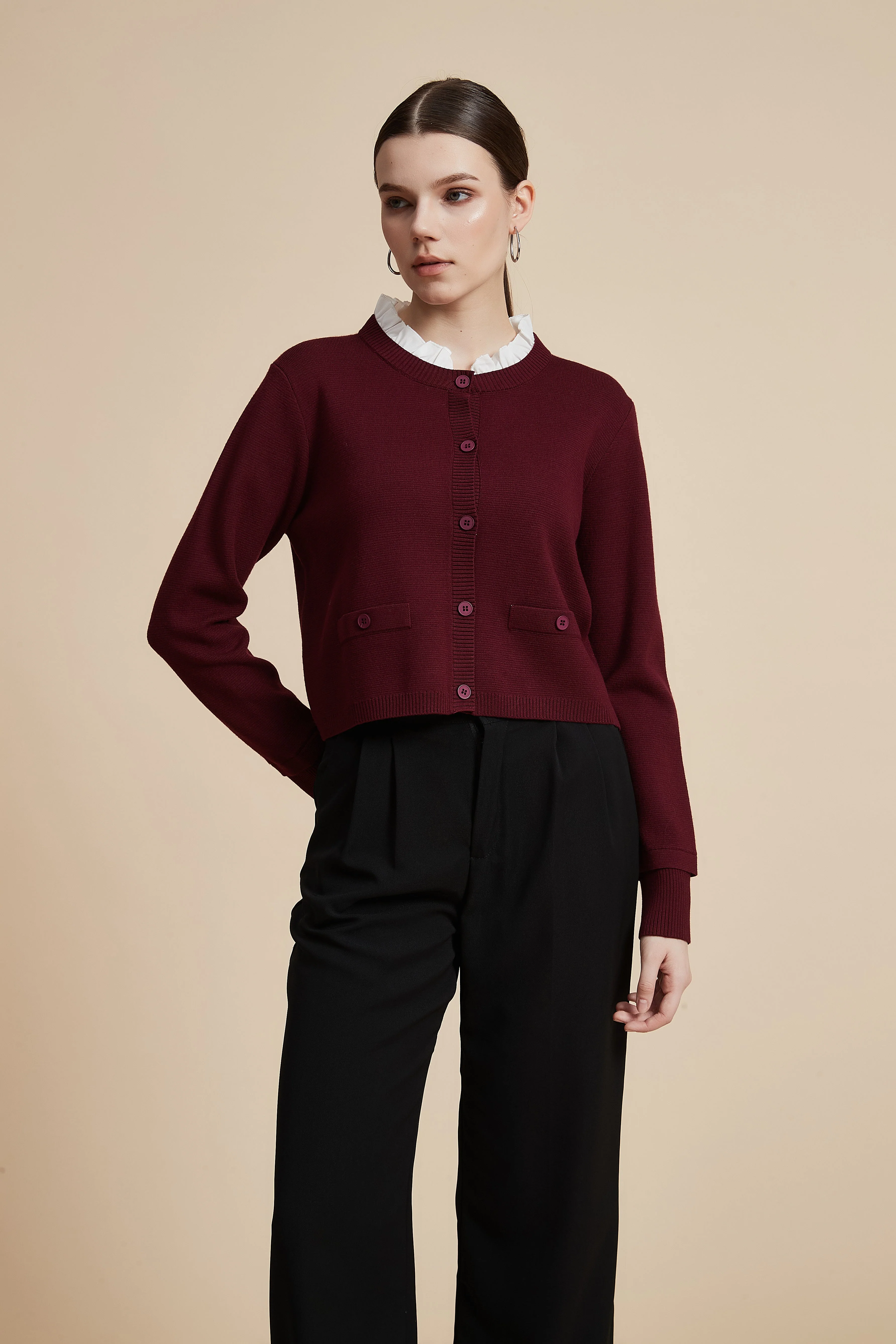 Waist-Length Long Sleeve Cardigan with Front Buttons - Image 4