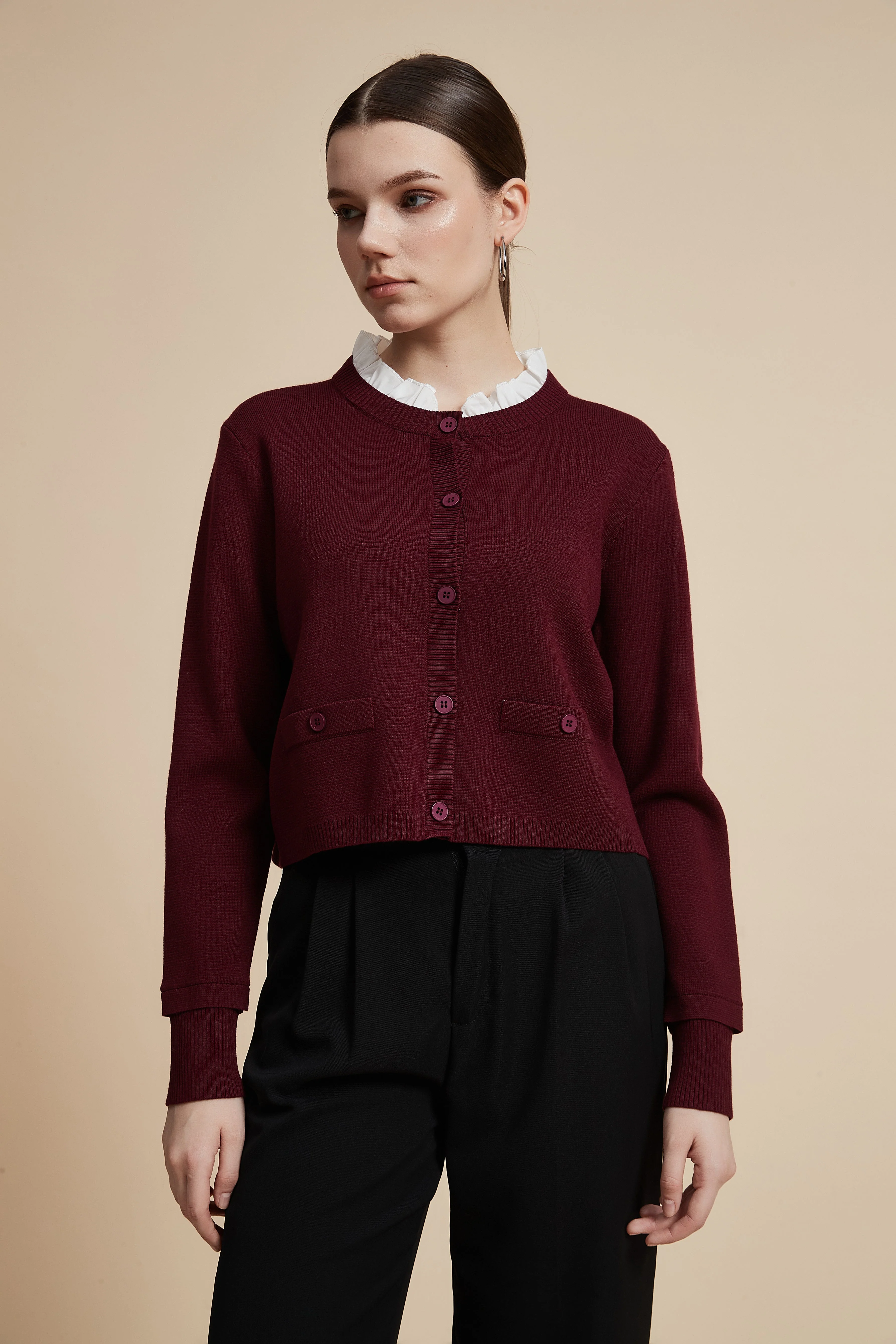 Waist-Length Long Sleeve Cardigan with Front Buttons - Image 7