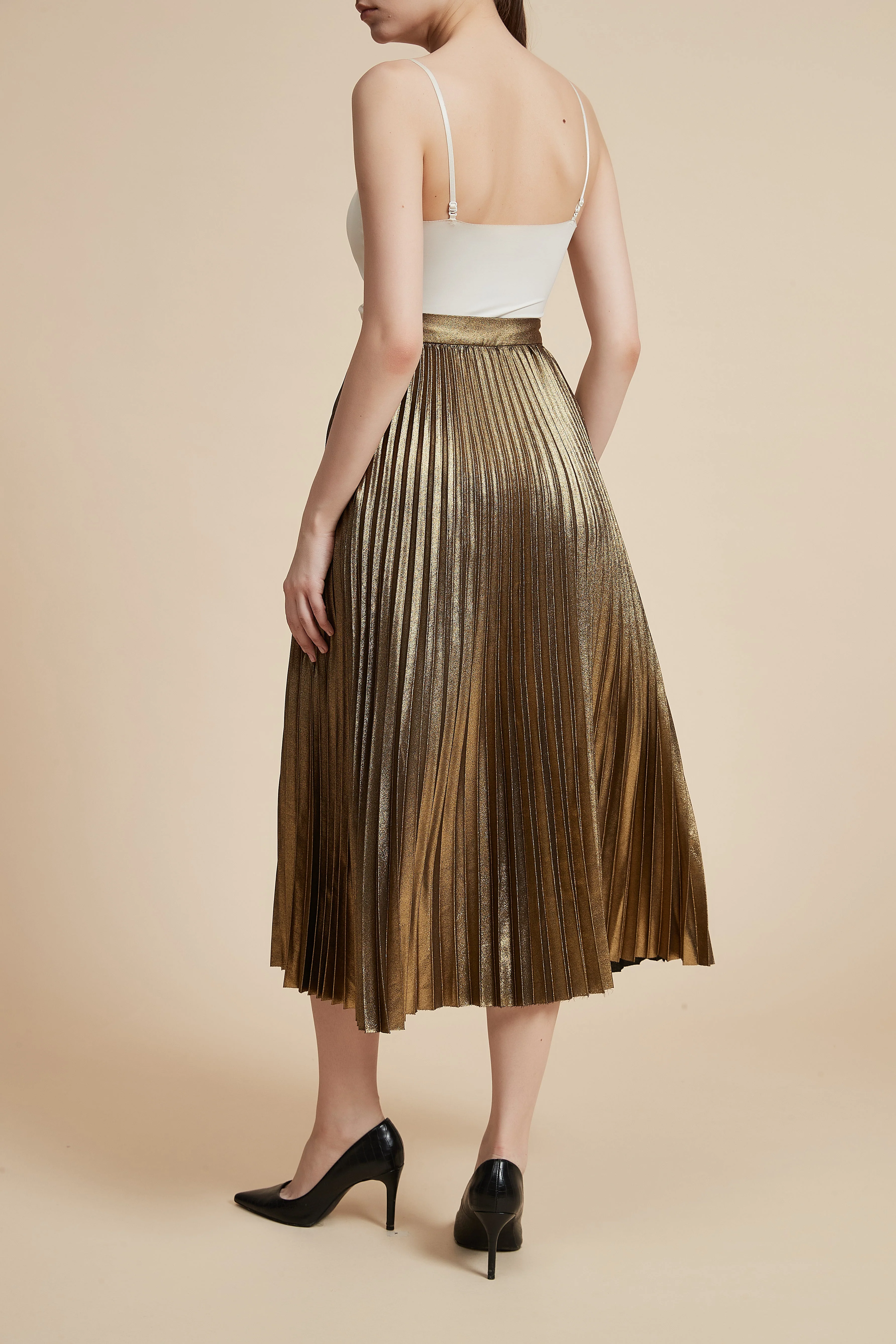 Shiny Pleated Midi Skirt - Image 3