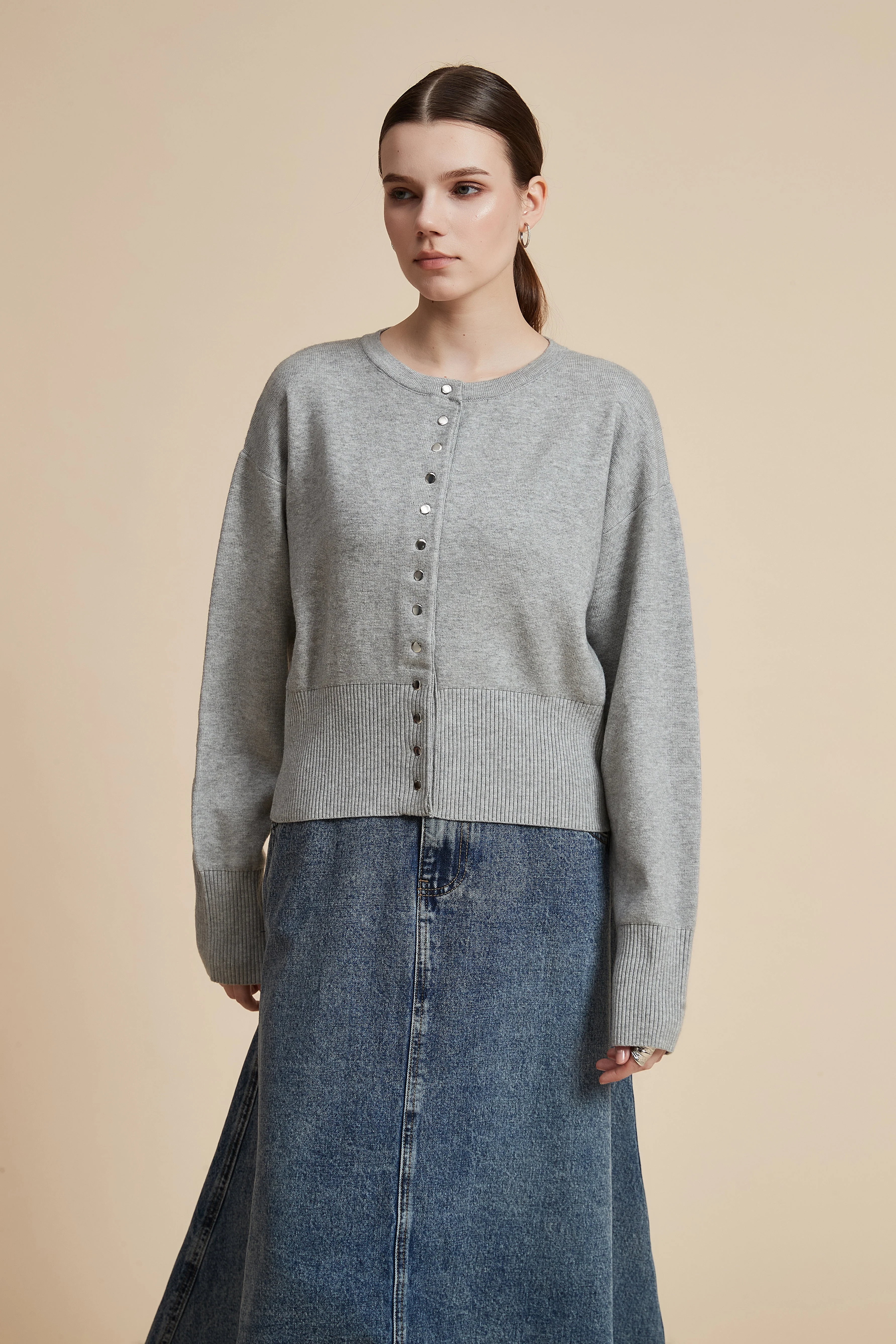 Long Sleeve Waist-Length Cardigan with Front Buttons - Image 2
