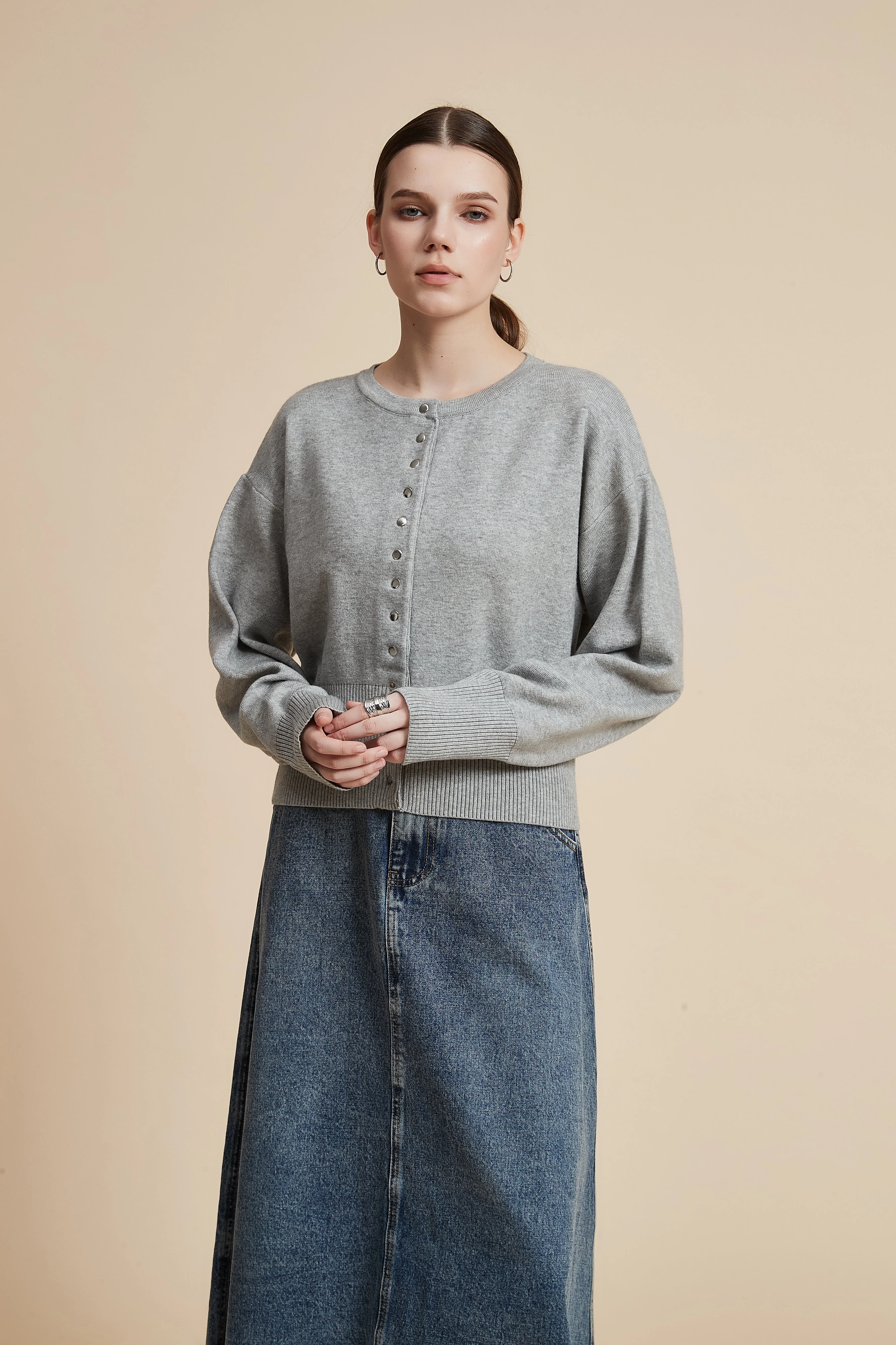 Long Sleeve Waist-Length Cardigan with Front Buttons - Image 3