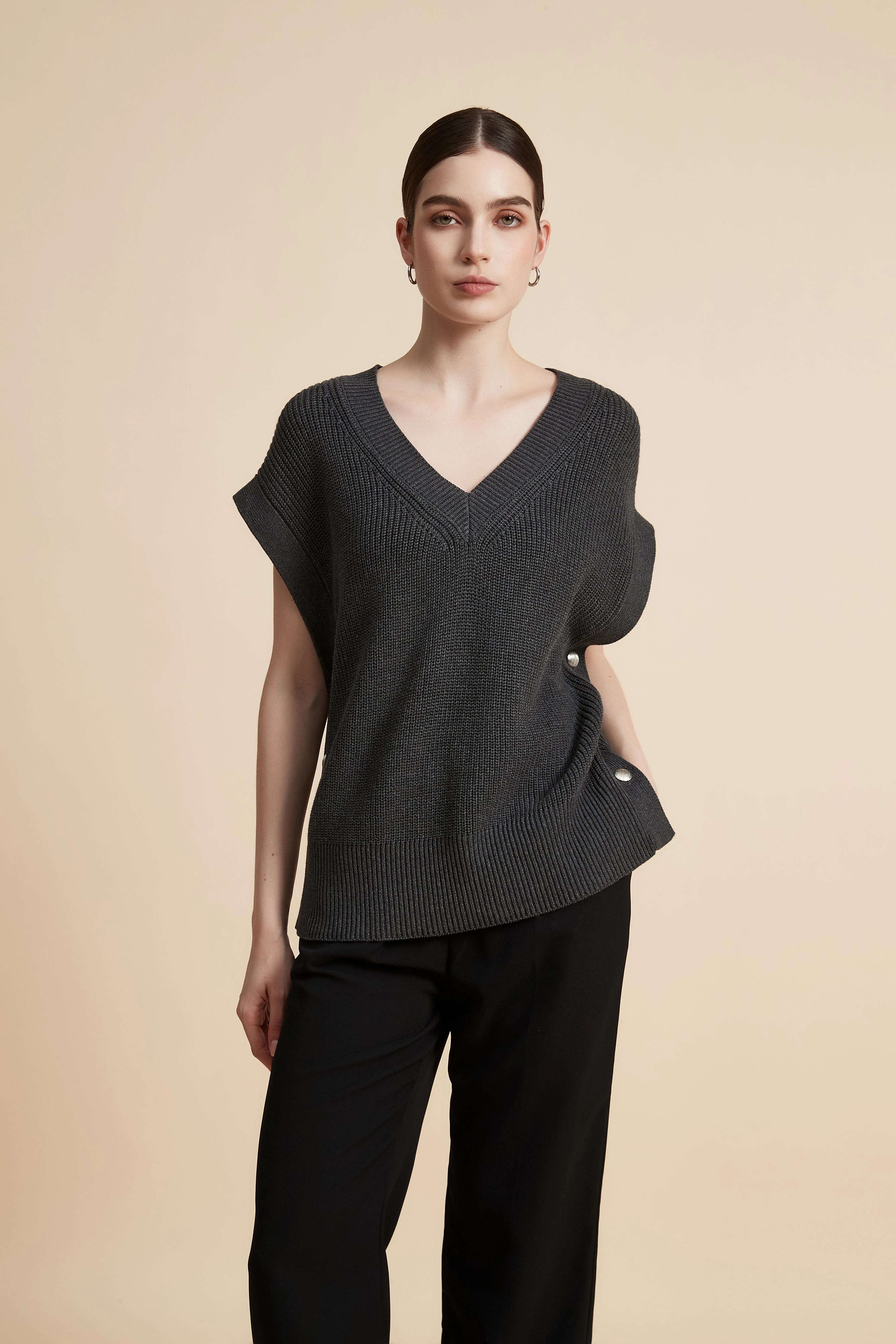 Solid Short Sleeve V-Neck Sweater