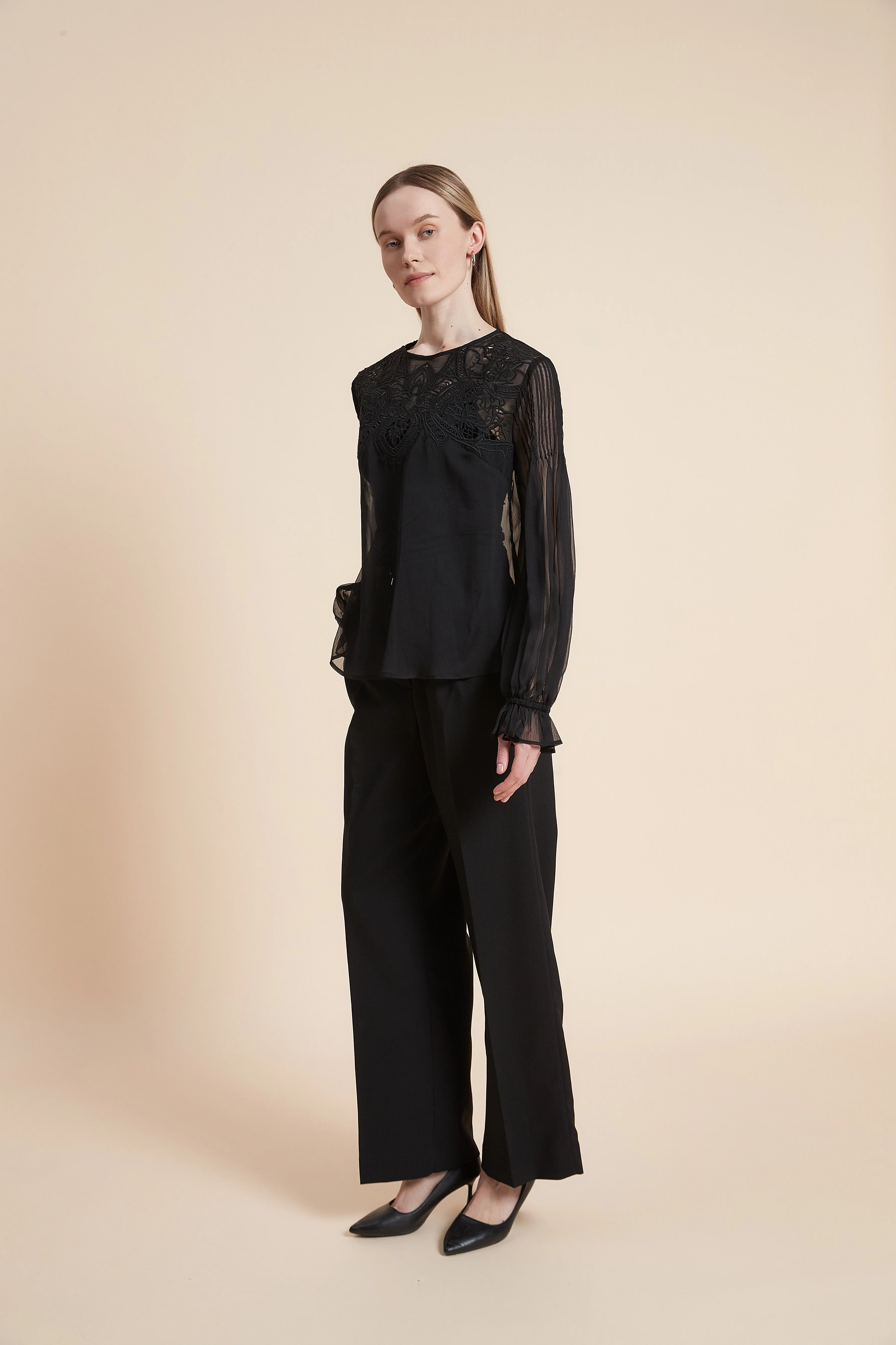 Plain Long Sleeve Embroidered Waist Top - Image 4