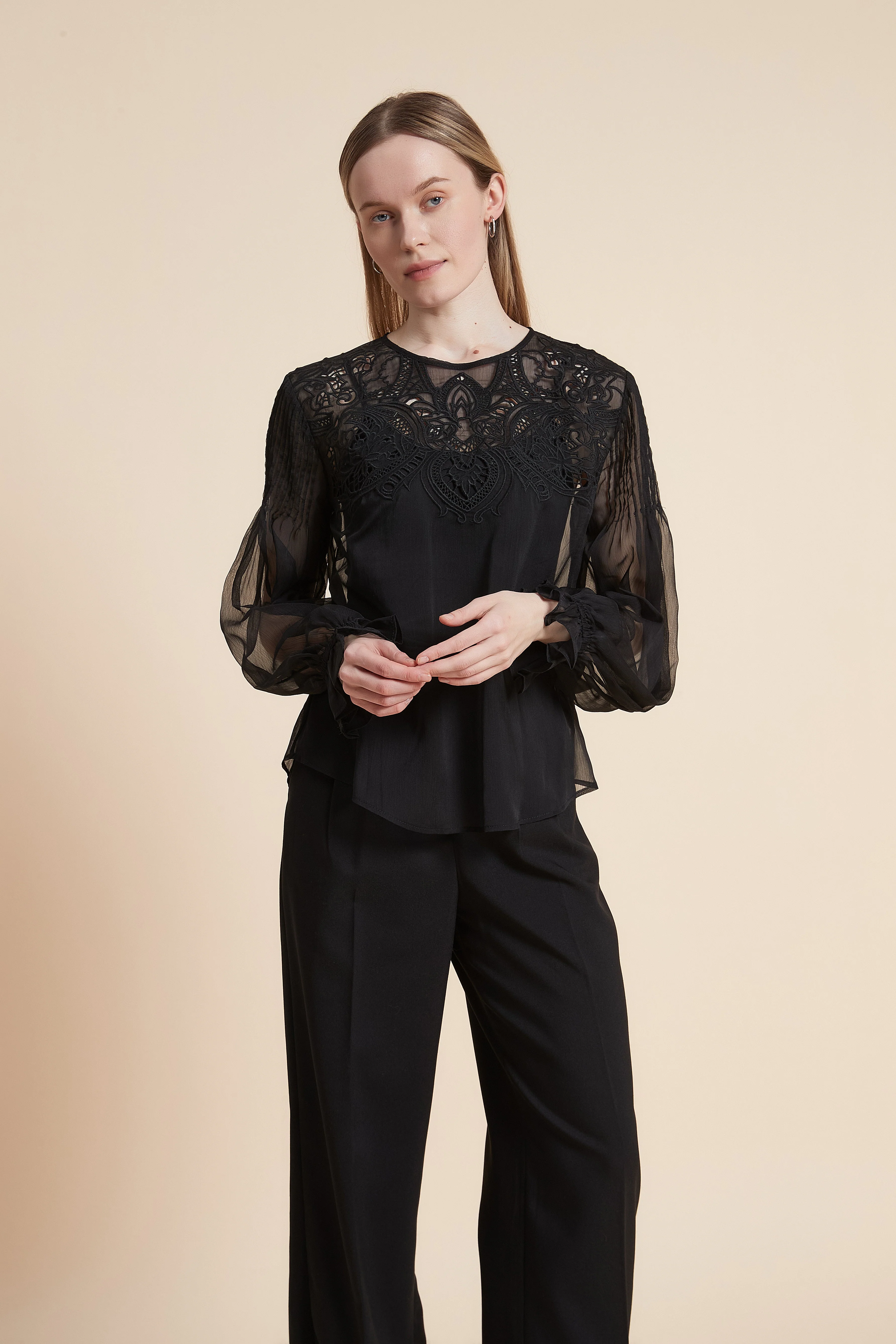 Plain Long Sleeve Embroidered Waist Top - Image 6