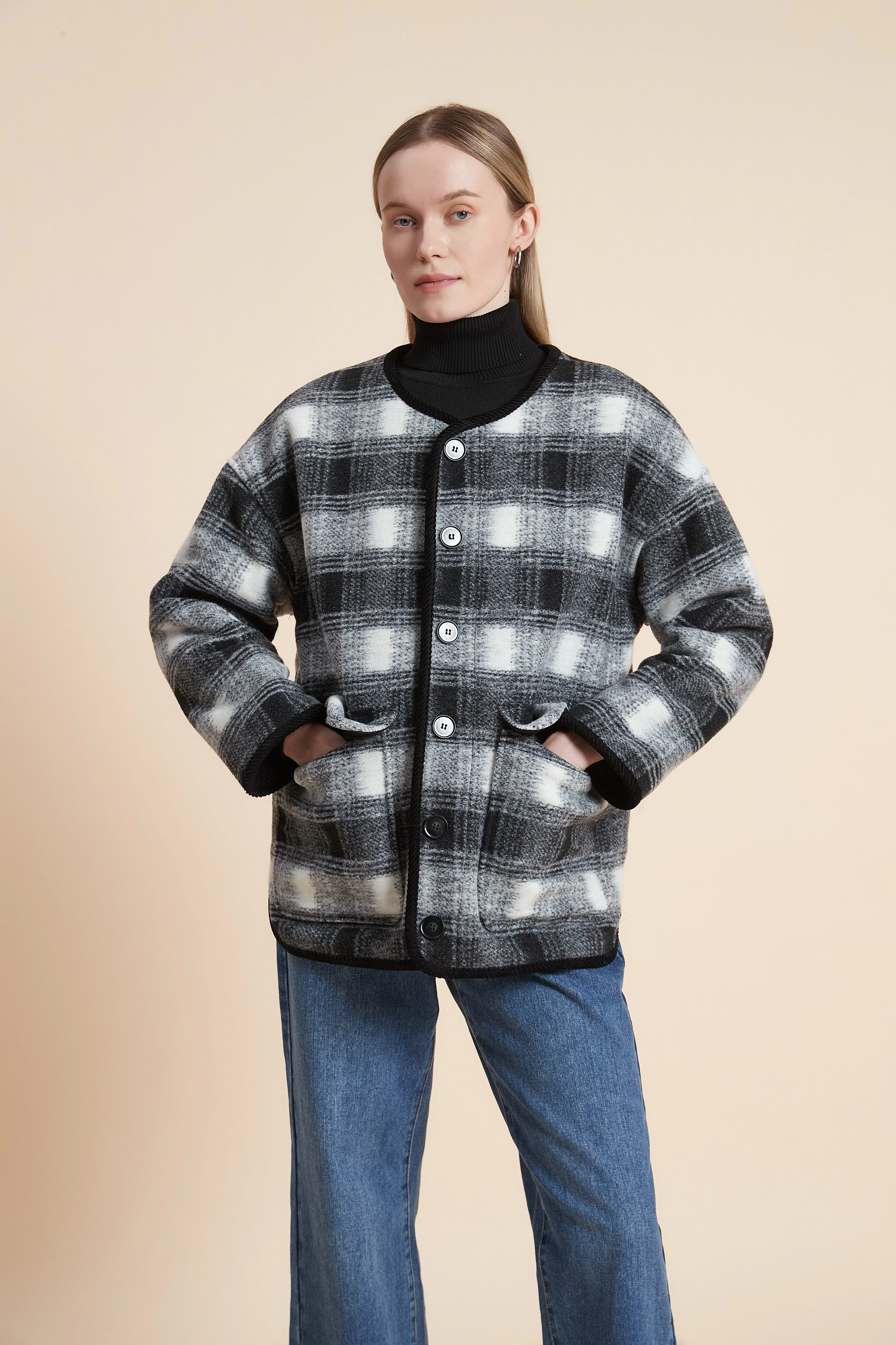 Plain Long Sleeve Plaid Jacket - Image 2