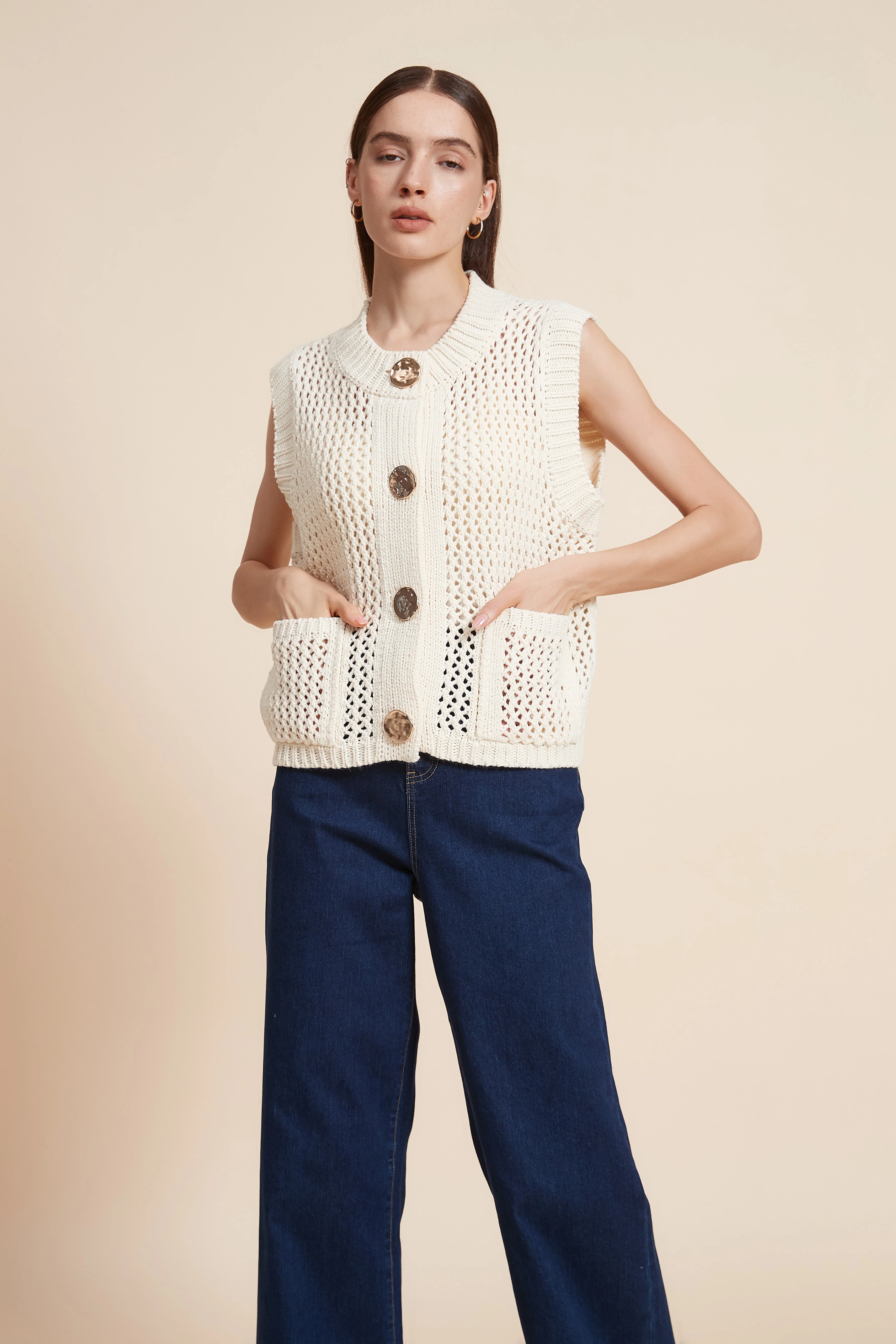 Sleeveless Crochet Sweater With Front Buttons